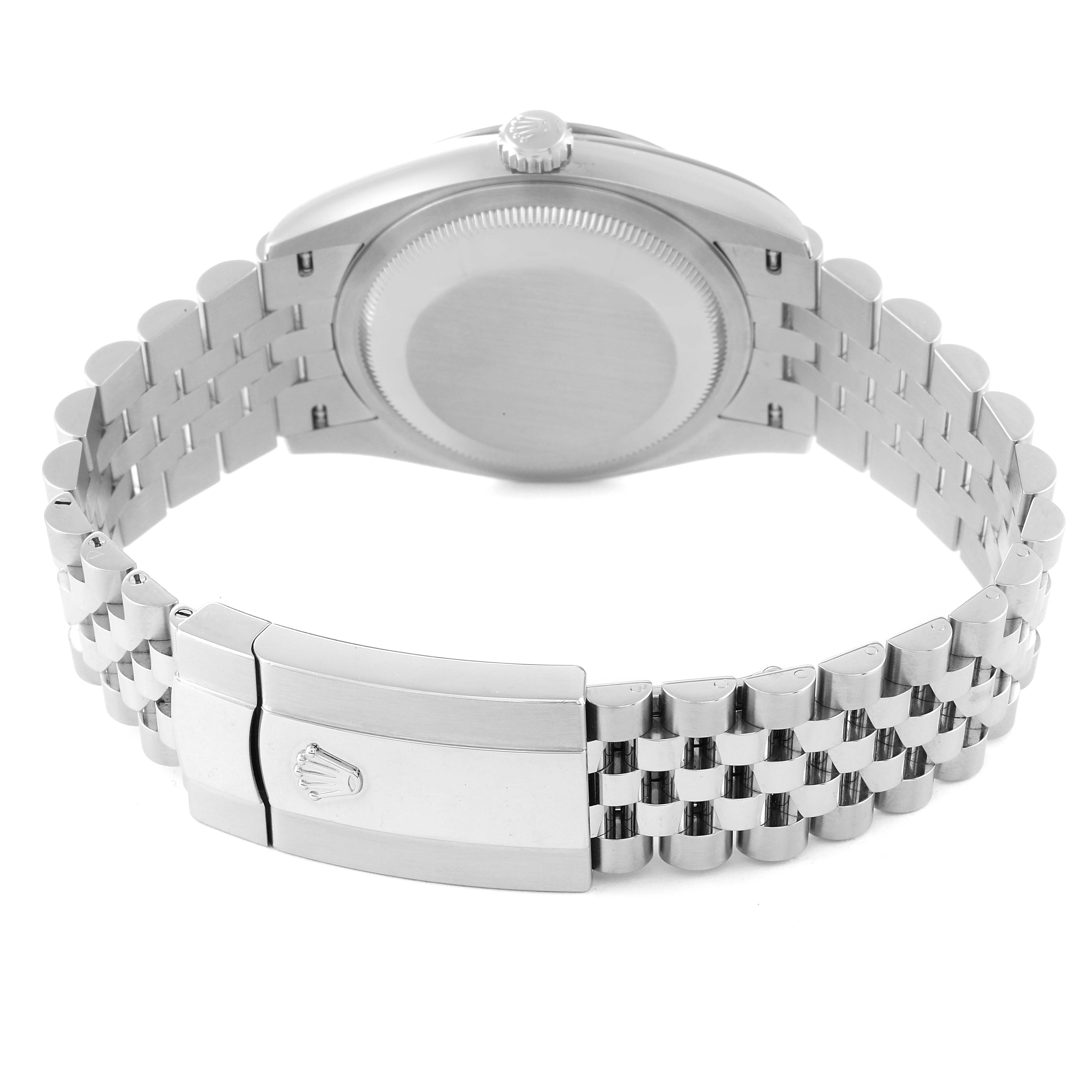 The image shows the back view of a Rolex Datejust 126234 Men's Stainless Steel Grey Dial 126234 Men's Stainless Steel Grey Dial watch, focusing on the caseback and bracelet with a prominent clasp.