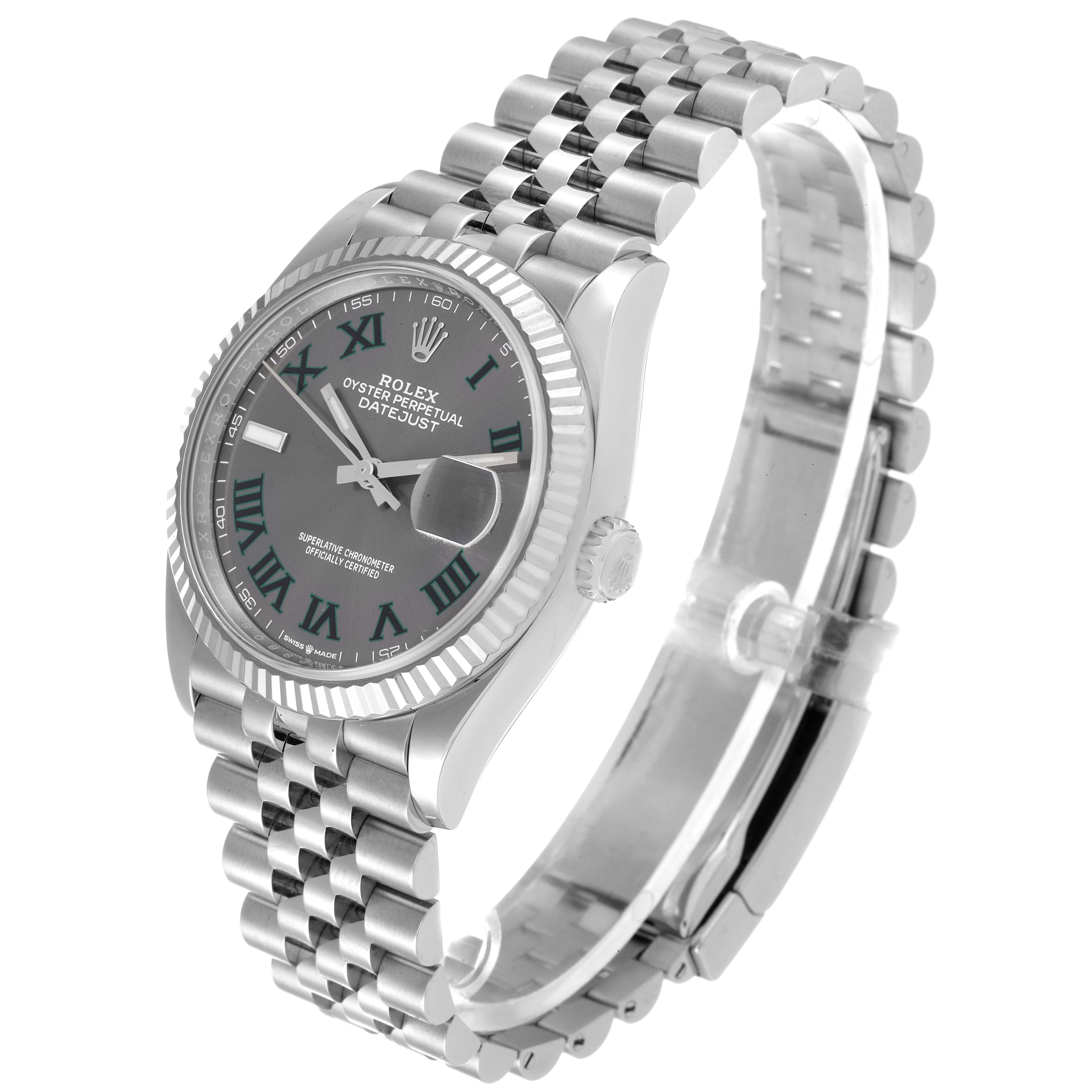 This image shows a side angle view of the Rolex Datejust 126234 Men's Stainless Steel Grey Dial 126234 Men's Stainless Steel Grey Dial watch, highlighting its dial, bezel, and Jubilee bracelet.