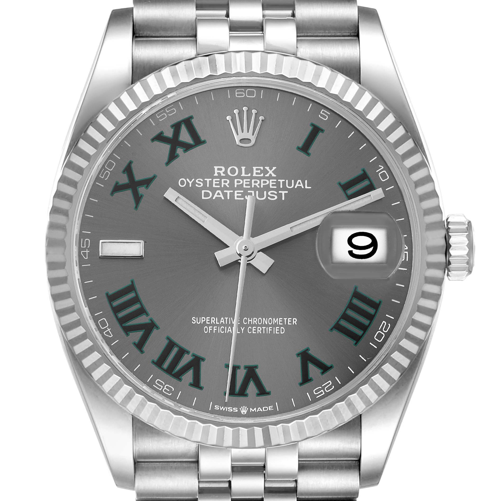 The image shows a front view of a Rolex Datejust 126234 Men's Stainless Steel Grey Dial 126234 Men's Stainless Steel Grey Dial watch, highlighting the dial, hands, date window, and part of the bracelet.