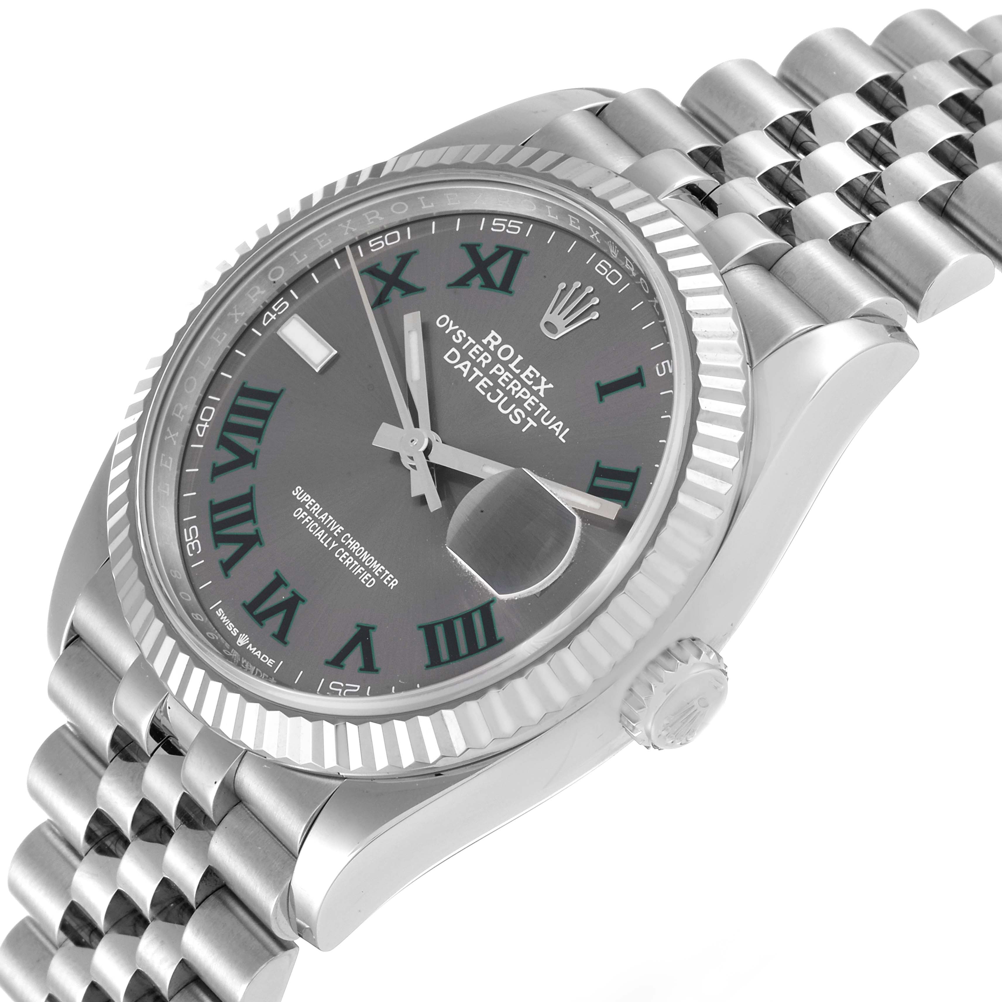 The image shows a tilted-side view of the Rolex Datejust 126234 Men's Stainless Steel Grey Dial 126234 Men's Stainless Steel Grey Dial watch, focusing on the dial, bezel, crown, and bracelet.