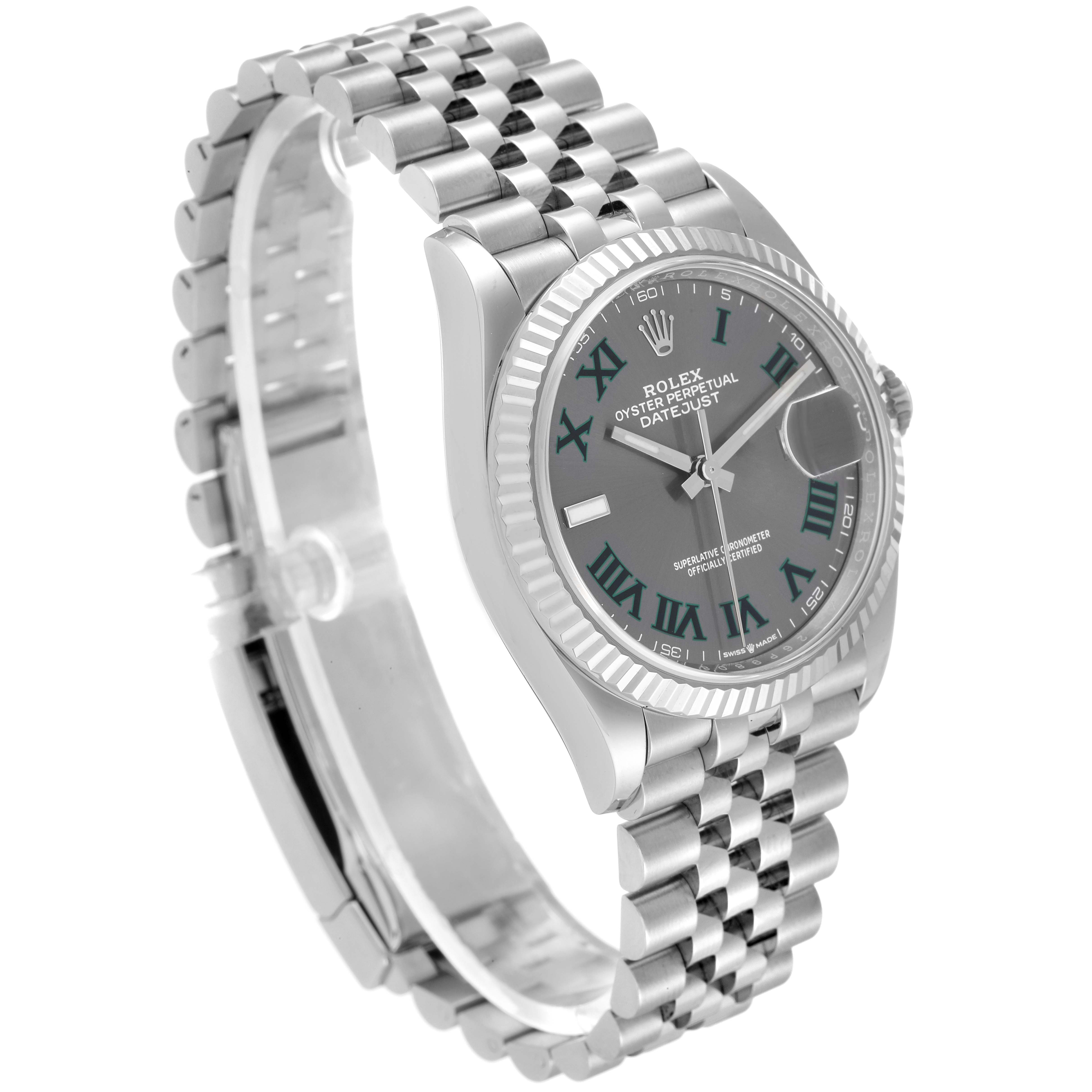 The image shows a side view of a Rolex Datejust 126234 Men's Stainless Steel Grey Dial 126234 Men's Stainless Steel Grey Dial watch, highlighting the face, bezel, and part of the bracelet.