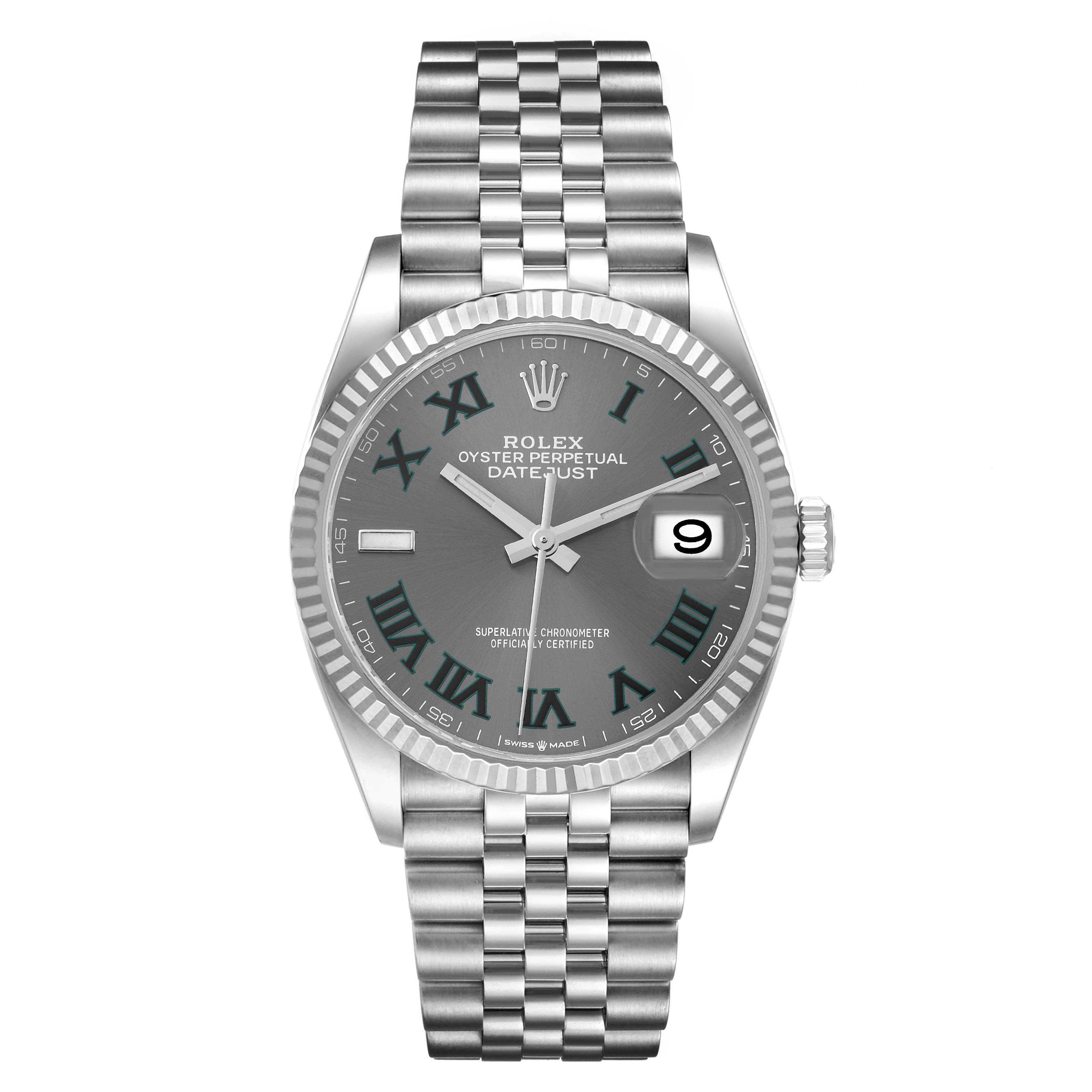 This image shows a Rolex Datejust 126234 Men's Stainless Steel Grey Dial 126234 Men's Stainless Steel Grey Dial watch from a front angle, highlighting the dial, date window, bezel, and bracelet.