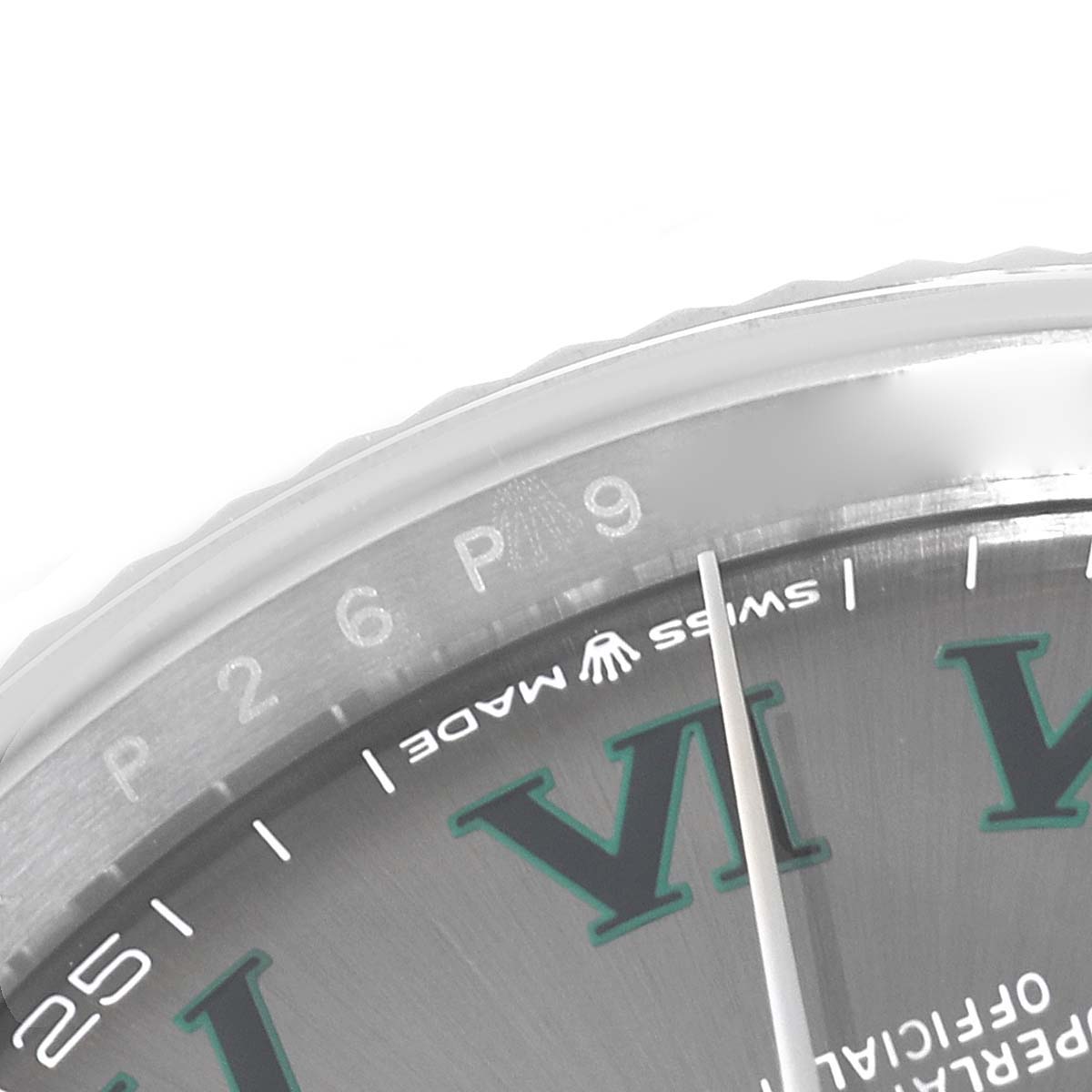 This image shows the dial focusing on the "Swiss Made" text, partially visible numerals, and a section of the bezel of a Rolex Datejust 126234 Men's Stainless Steel Grey Dial 126234 Men's Stainless Steel Grey Dial watch.