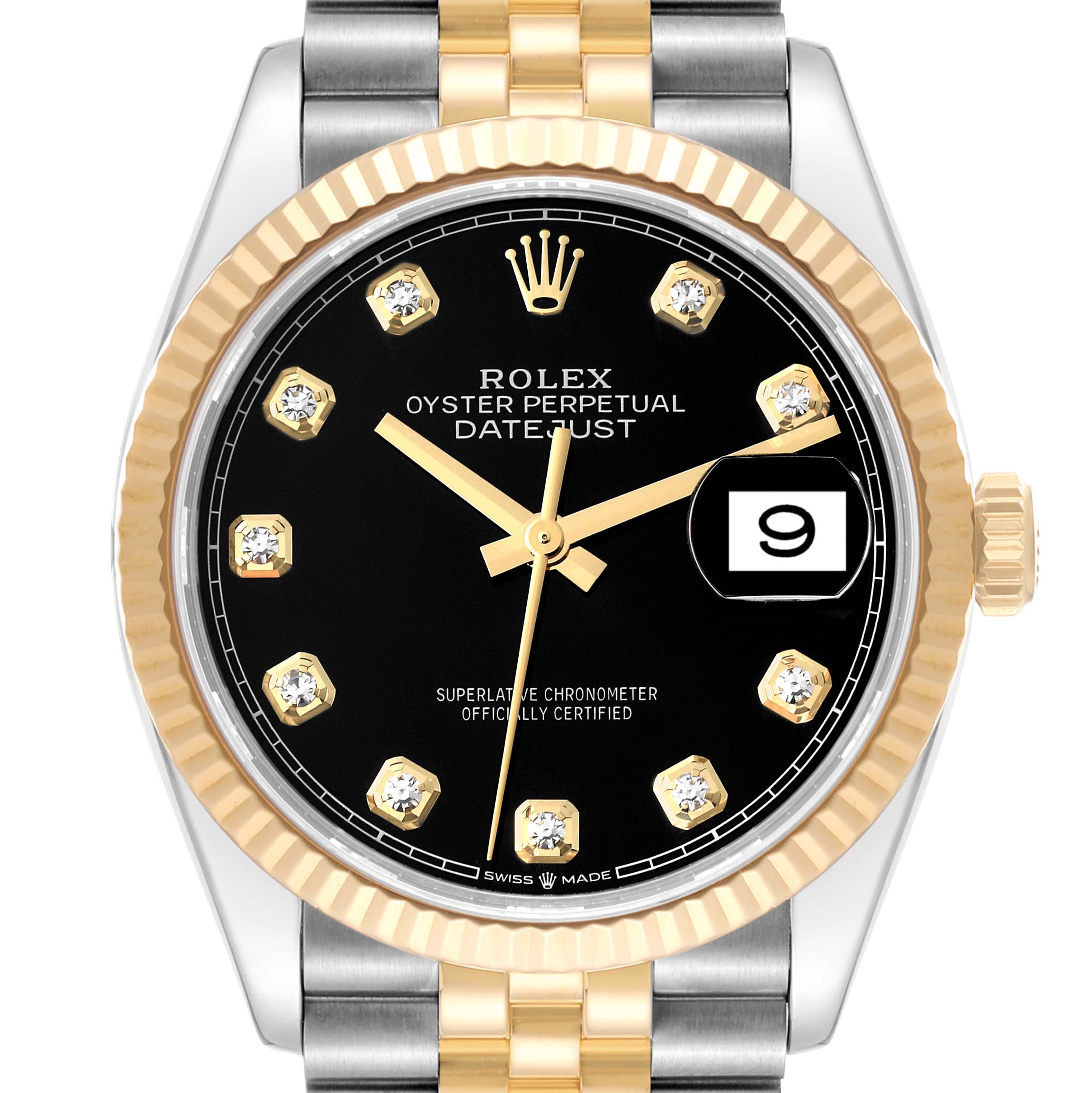This image shows a frontal view of the Rolex Datejust 126233 Men's Steel and Gold (two tone) Black Dial 126233 Men's Steel and Gold (two tone) Black Dial watch highlighting the dial, bezel, crown, and first link of the bracelet.