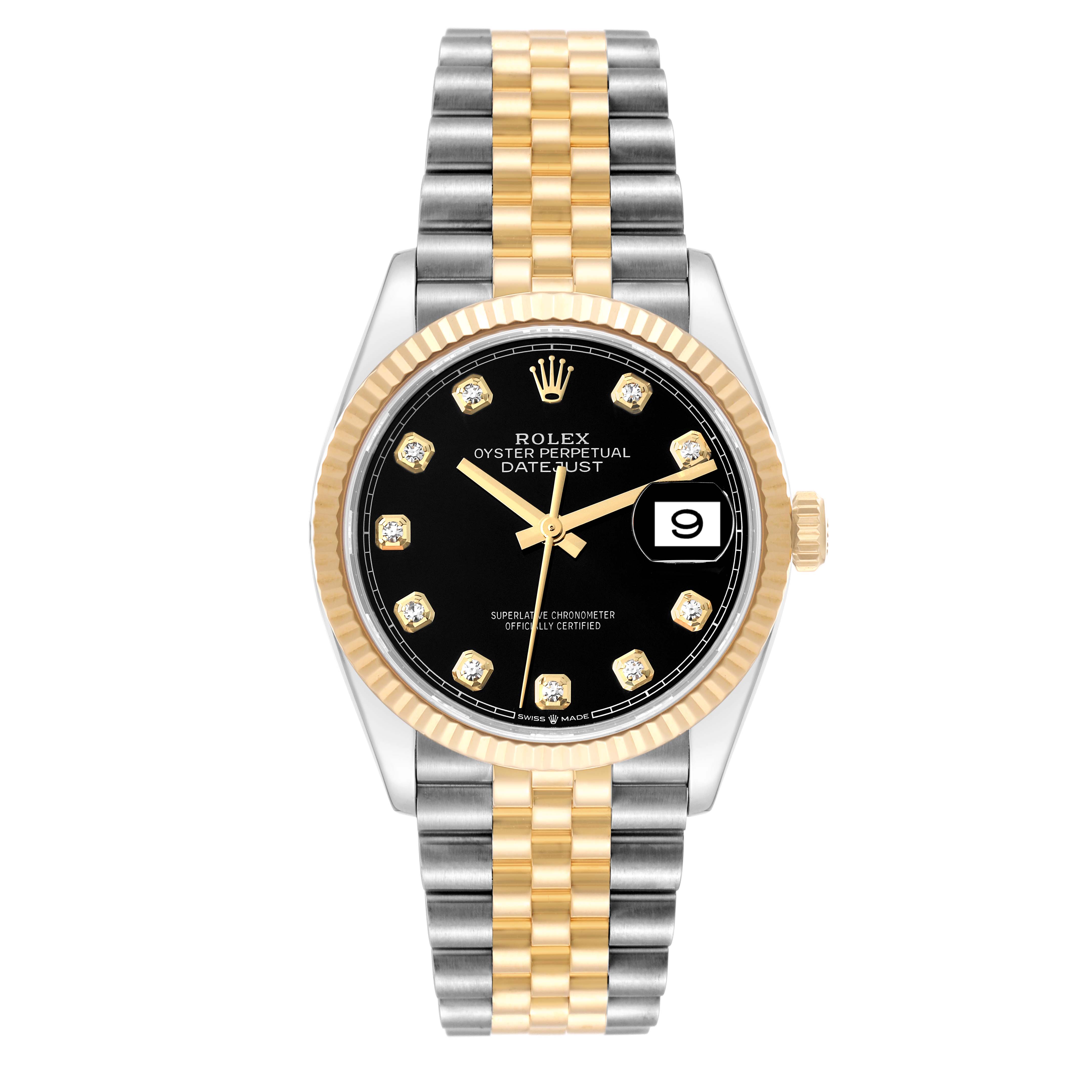 The image shows a Rolex Datejust 126233 Men's Steel and Gold (two tone) Black Dial 126233 Men's Steel and Gold (two tone) Black Dial watch from a front angle, highlighting its black dial, gold accents, and two-tone bracelet.