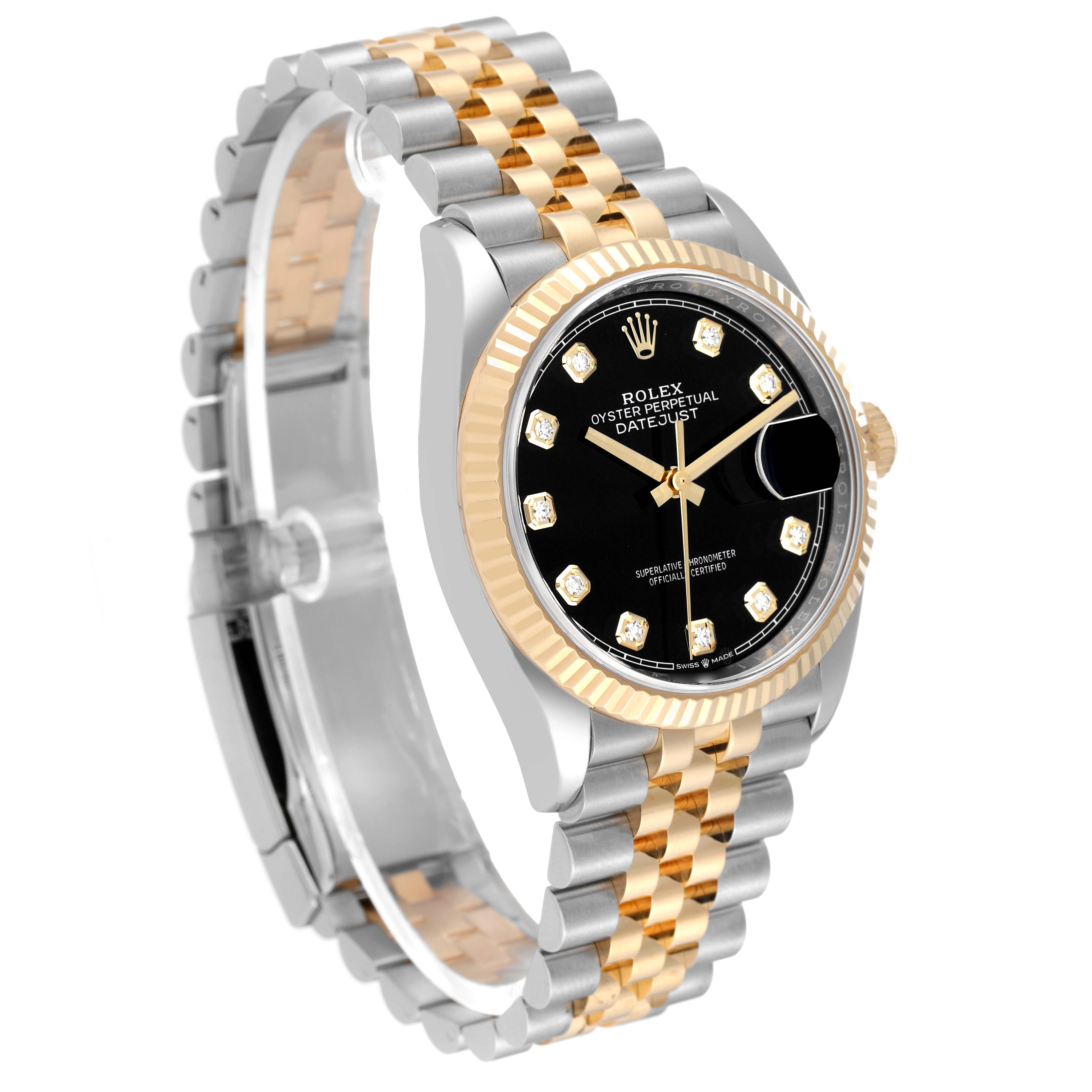 The image shows a Rolex Datejust 126233 Men's Steel and Gold (two tone) Black Dial 126233 Men's Steel and Gold (two tone) Black Dial watch at a three-quarter angle, highlighting its black dial, gold and silver Jubilee bracelet, and fluted bezel.