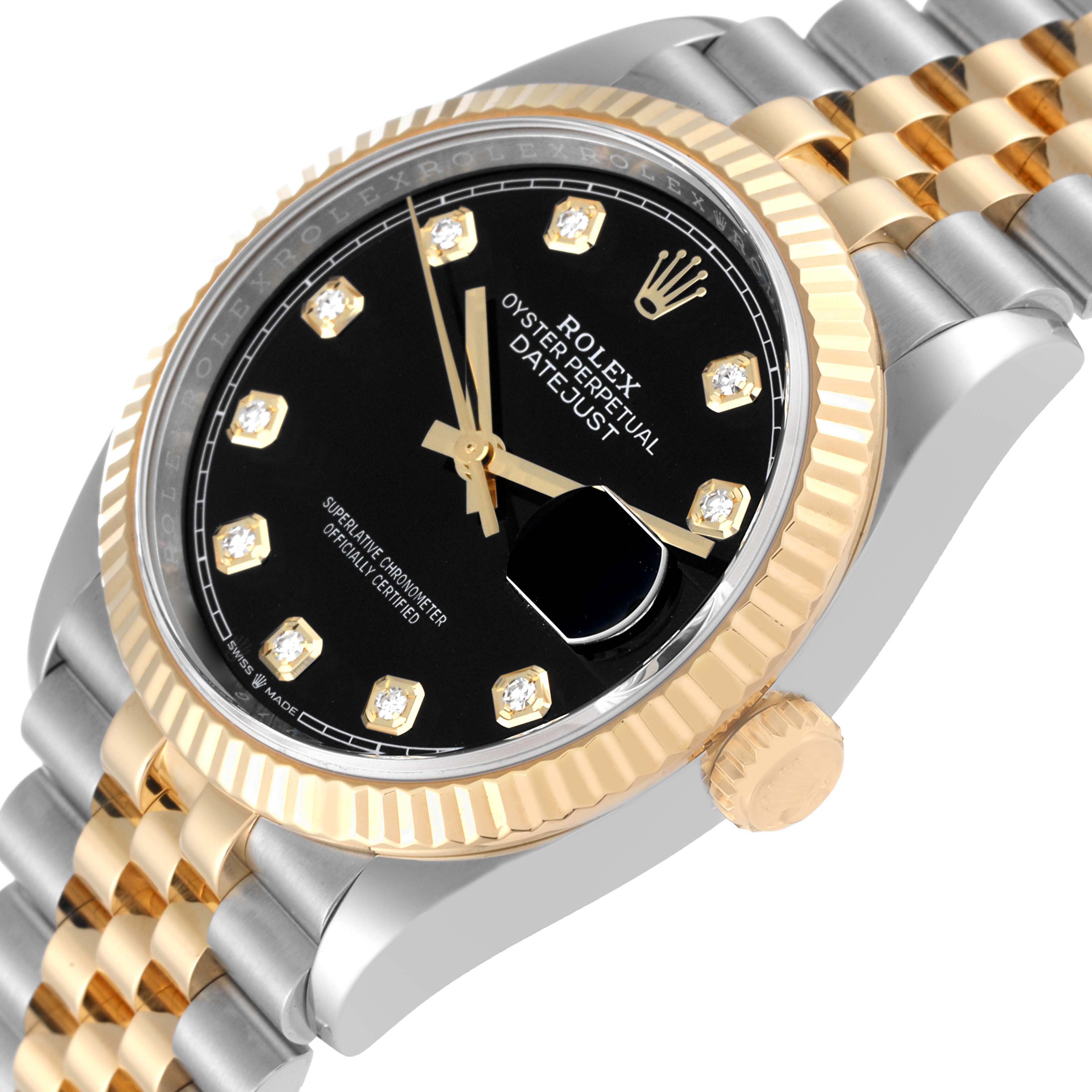 This angled view of the Rolex Datejust 126233 Men's Steel and Gold (two tone) Black Dial 126233 Men's Steel and Gold (two tone) Black Dial watch shows the black diamond dial, gold fluted bezel, and two-tone Jubilee bracelet.