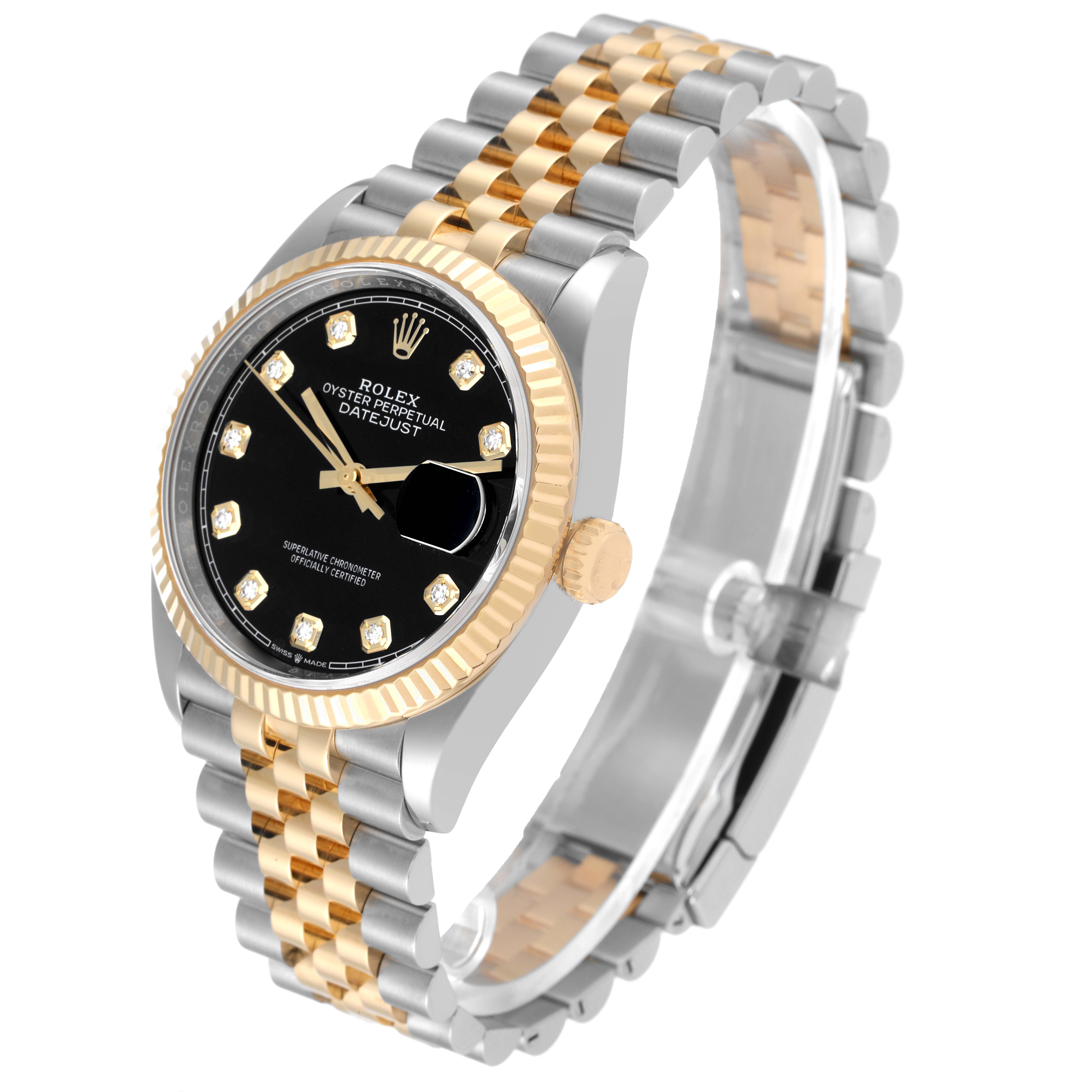 The Rolex Datejust 126233 Men's Steel and Gold (two tone) Black Dial 126233 Men's Steel and Gold (two tone) Black Dial model is shown from an angled side view, highlighting its black dial, gold bezel, and two-tone bracelet.