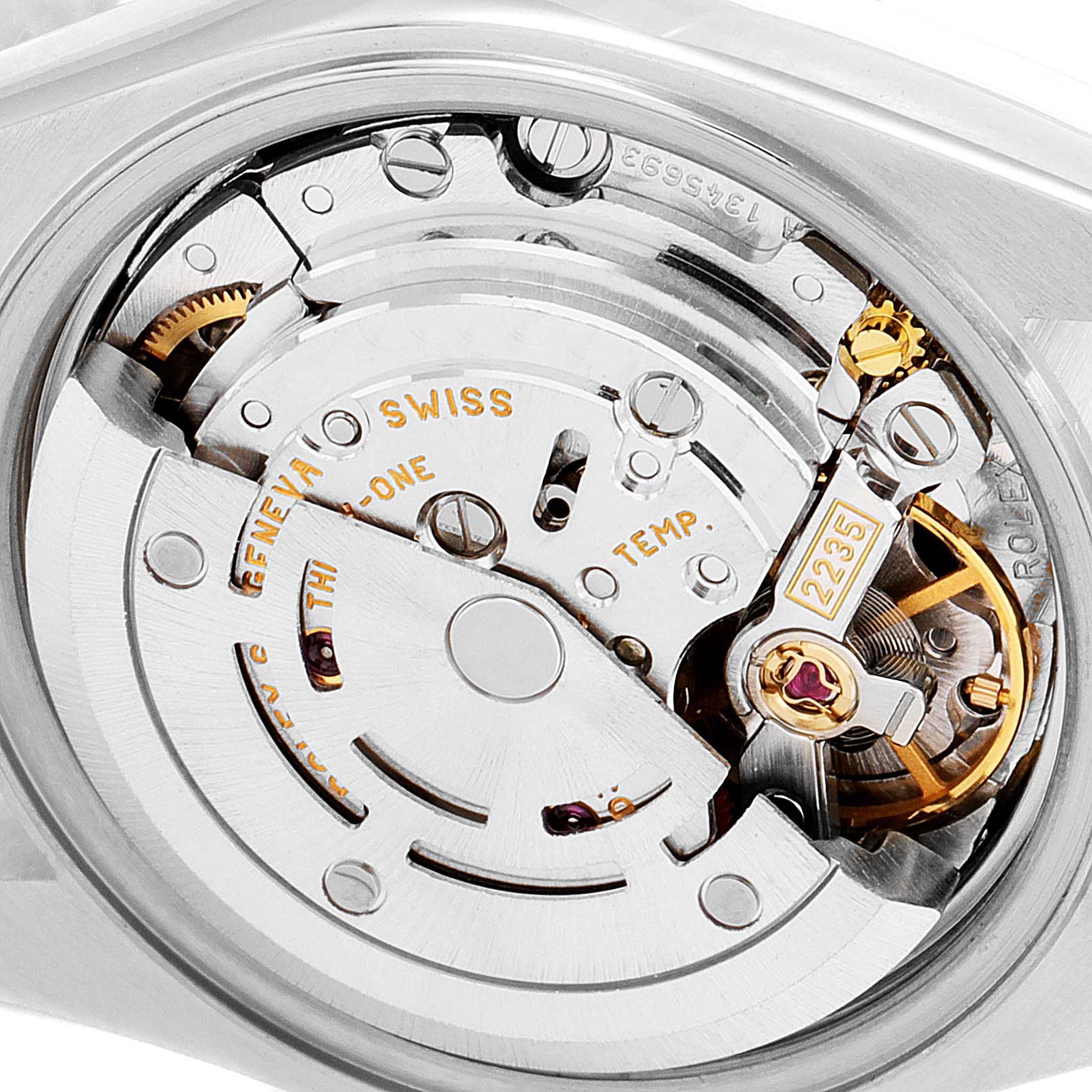 This image displays the internal movement mechanism of a Rolex Datejust 79173 Women's Steel and Gold (two tone) Blue Dial 79173 Women's Steel and Gold (two tone) Blue Dial watch at a close-up angle.