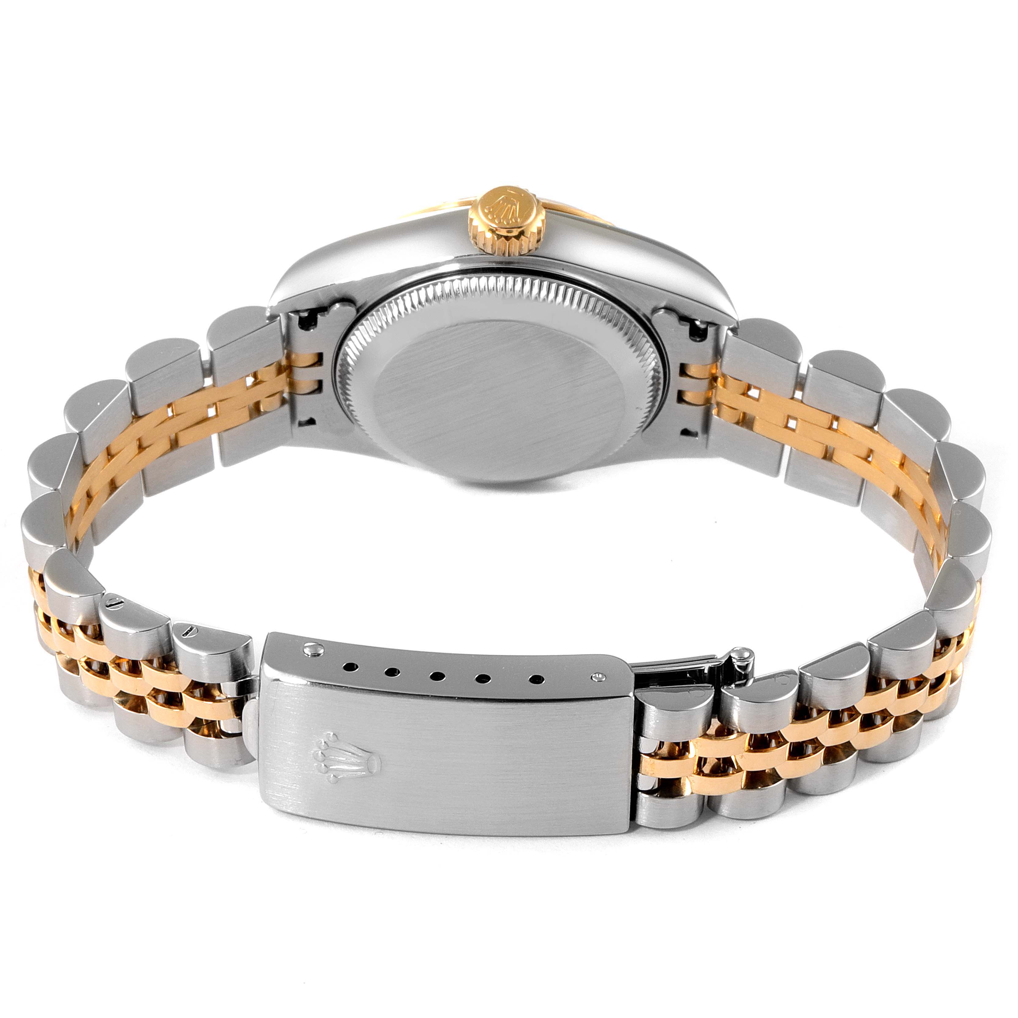 The image shows the back view of a Rolex Datejust 79173 Women's Steel and Gold (two tone) Blue Dial 79173 Women's Steel and Gold (two tone) Blue Dial with a two-tone bracelet and clasp.