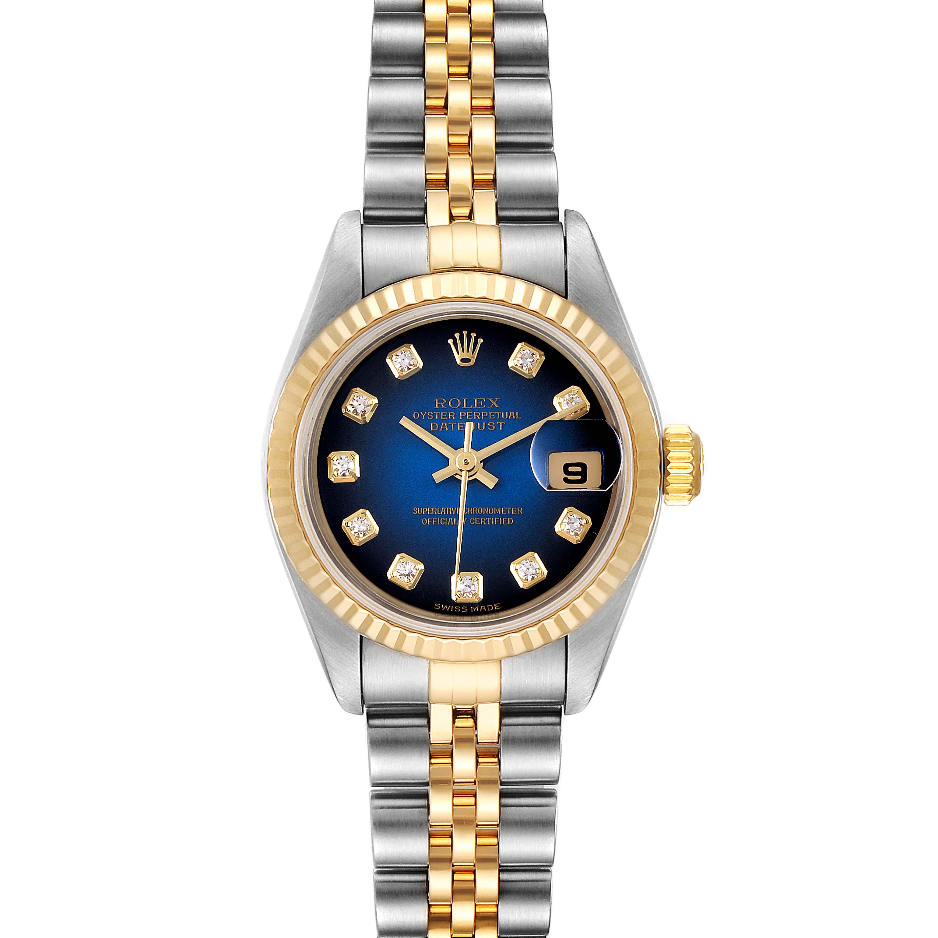 The photo shows a front view of the Rolex Datejust 79173 Women's Steel and Gold (two tone) Blue Dial 79173 Women's Steel and Gold (two tone) Blue Dial watch, highlighting its blue dial, date window, two-tone bracelet, and fluted bezel.