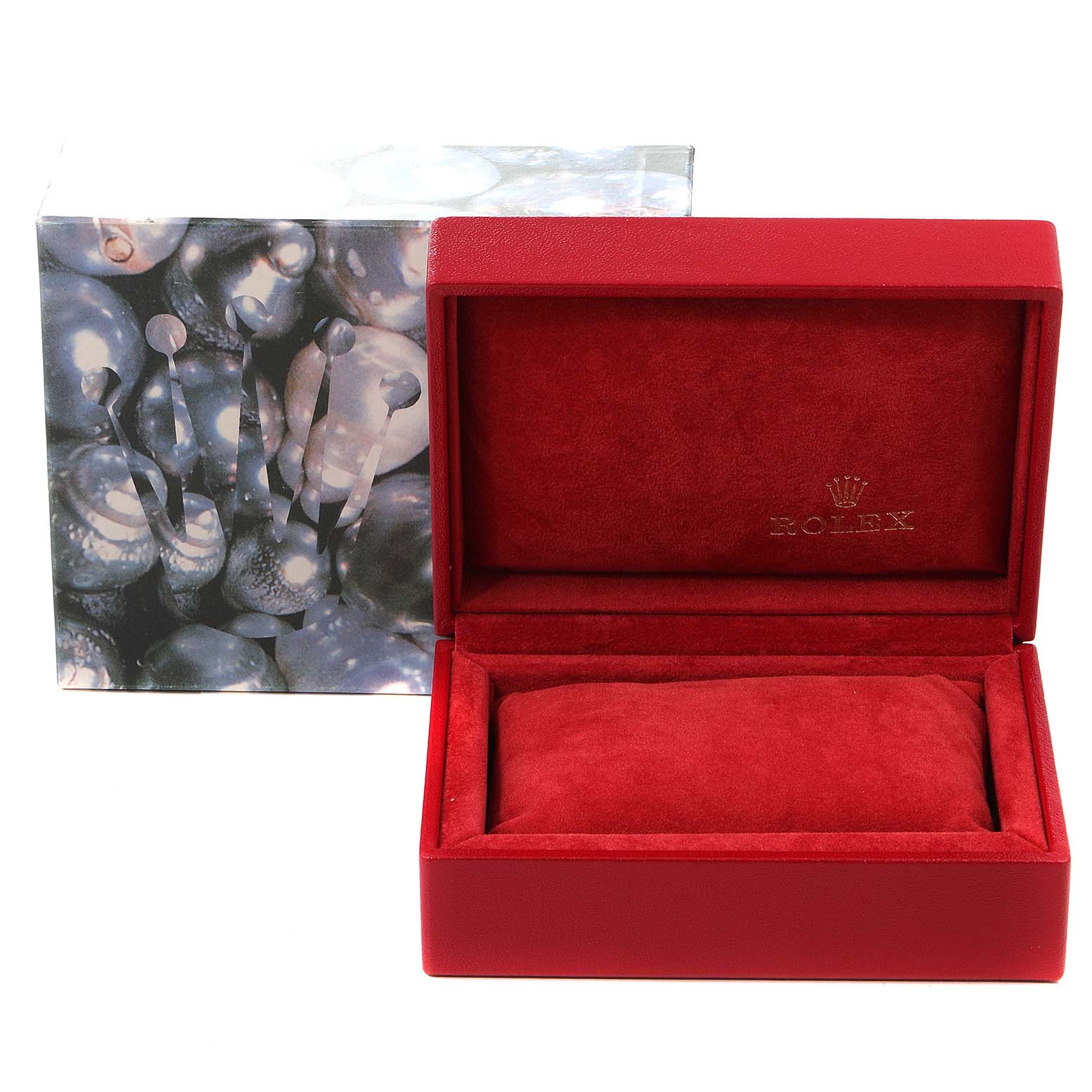 This image shows an open red Rolex Datejust 79173 Women's Steel and Gold (two tone) Blue Dial 79173 Women's Steel and Gold (two tone) Blue Dial watch box with an empty cushion and the branded outer packaging beside it.