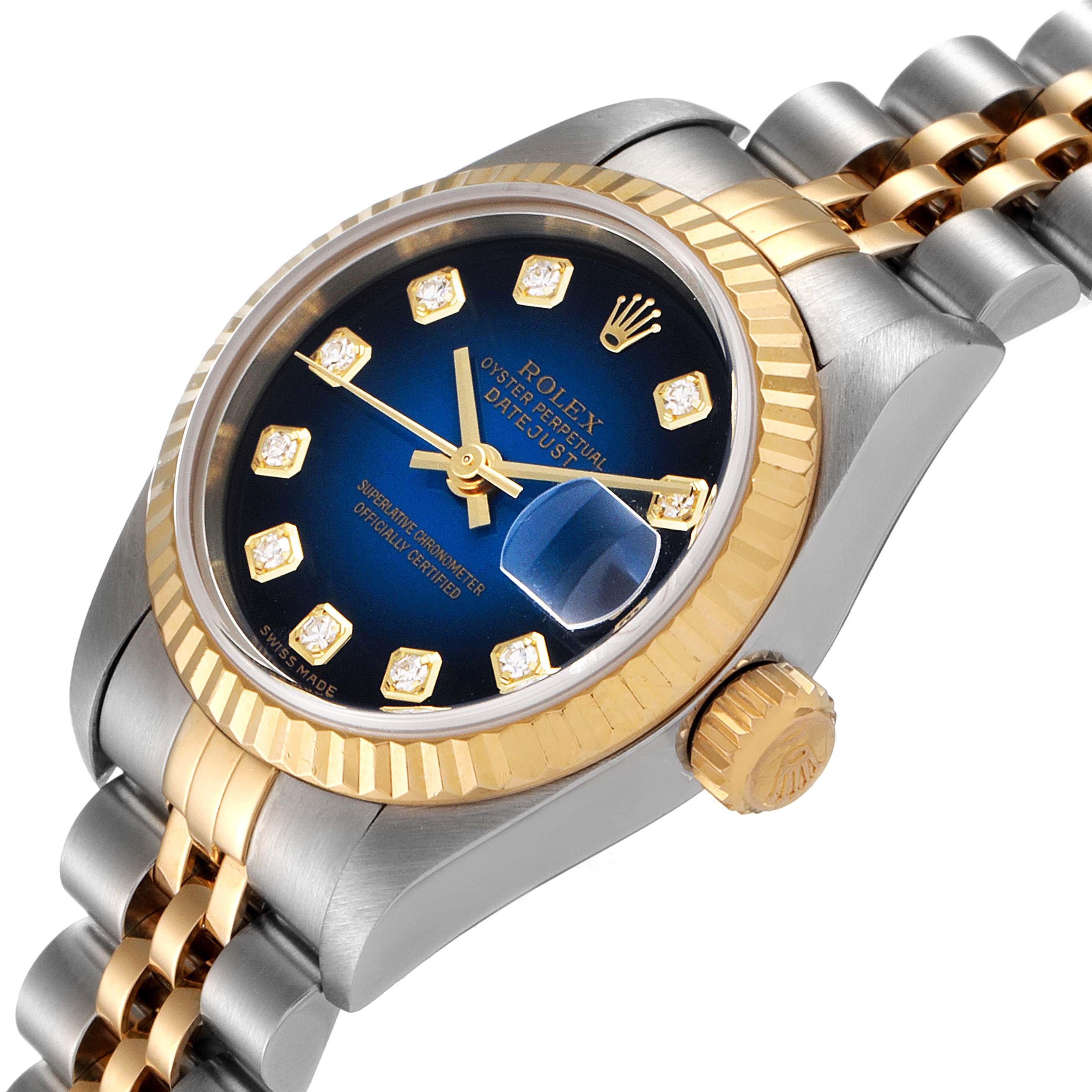 The image shows a close-up of the Rolex Datejust 79173 Women's Steel and Gold (two tone) Blue Dial 79173 Women's Steel and Gold (two tone) Blue Dial watch's face, crown, bezel, and part of the bracelet at an angle.