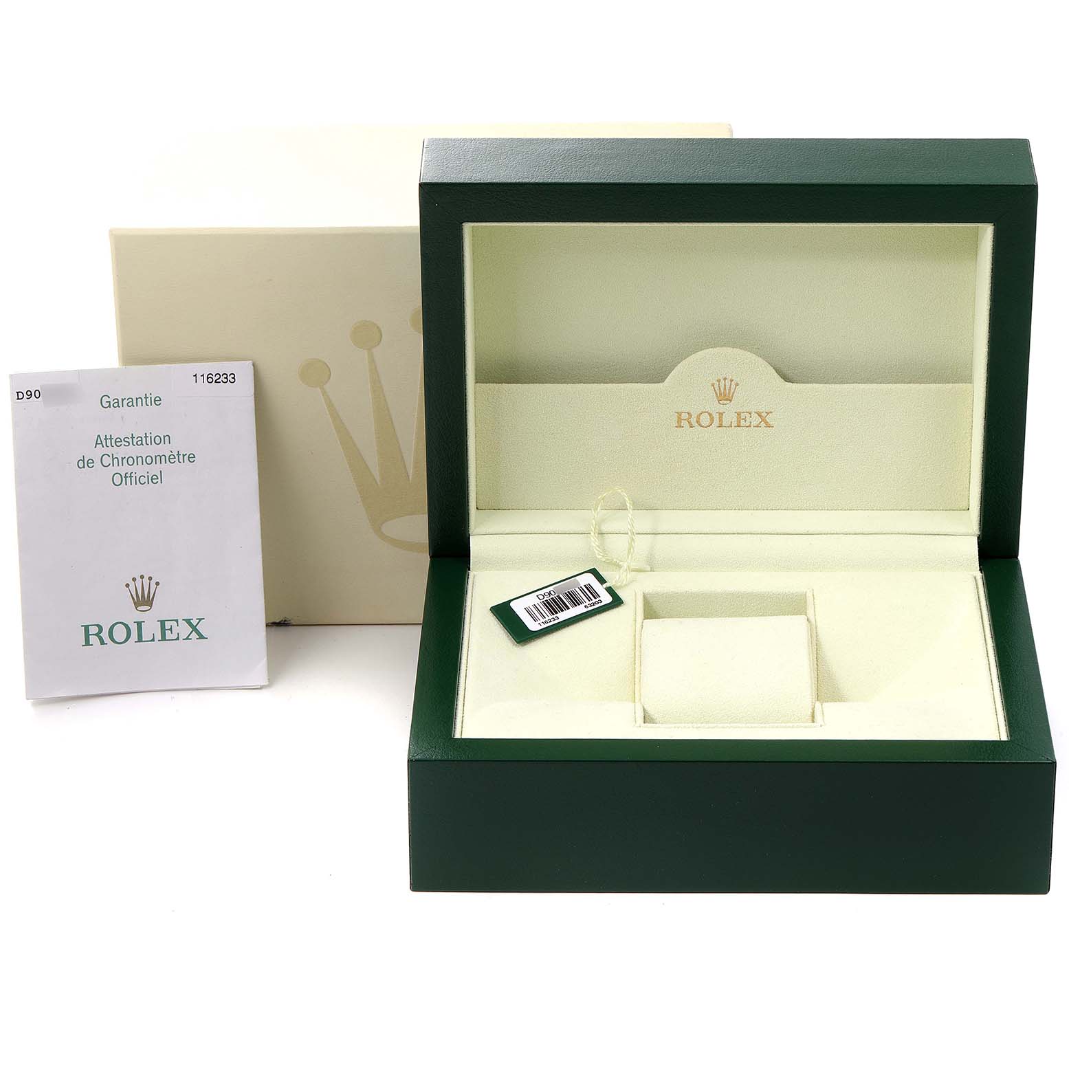 The image shows the Rolex Datejust 116233 Men's Steel and Gold (two tone) Black Dial 116233 Men's Steel and Gold (two tone) Black Dial watch packaging, including the green box, cushion, and guarantee certificate.