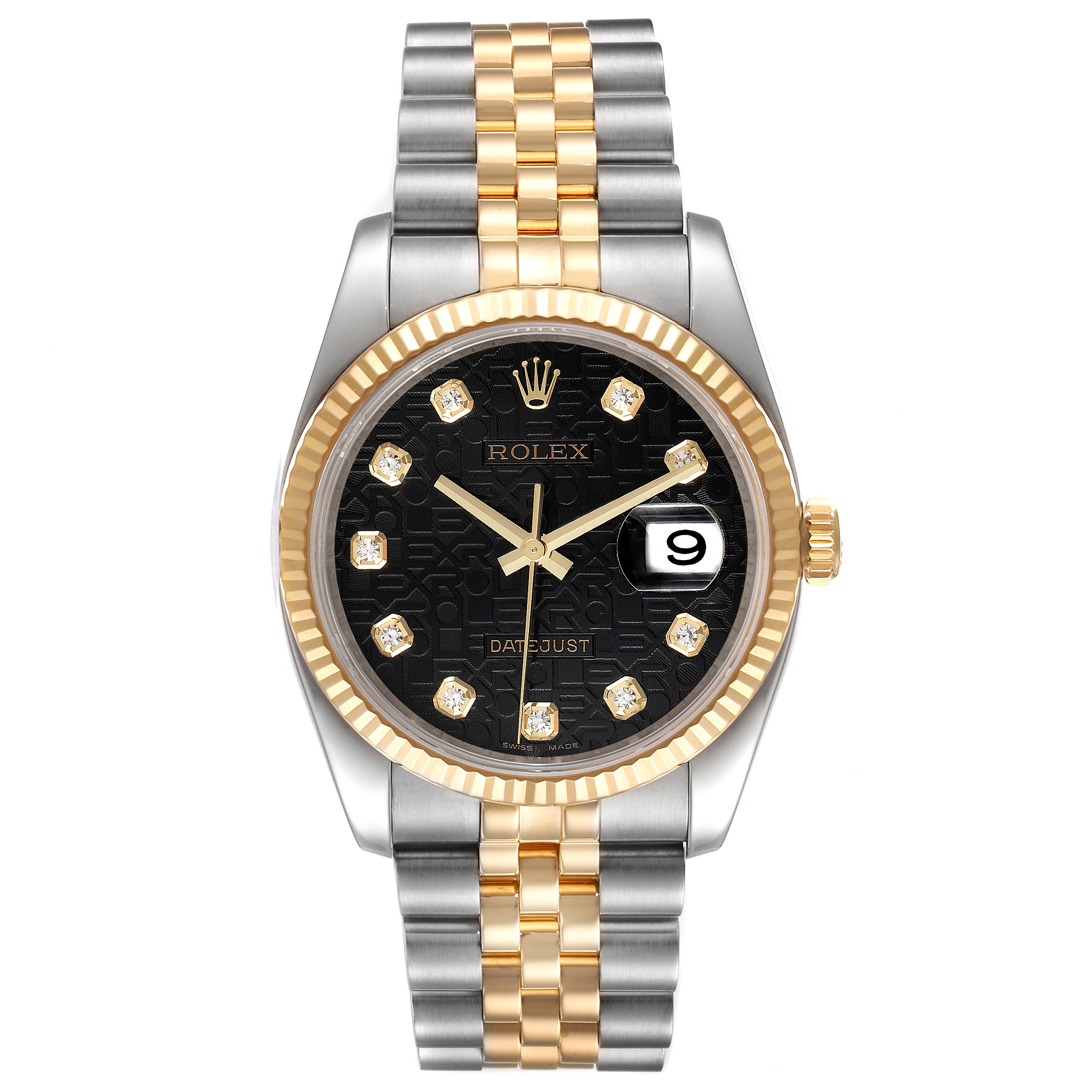 The image shows a front view of a Rolex Datejust 116233 Men's Steel and Gold (two tone) Black Dial 116233 Men's Steel and Gold (two tone) Black Dial watch, highlighting its black dial, gold accents, and two-tone bracelet.