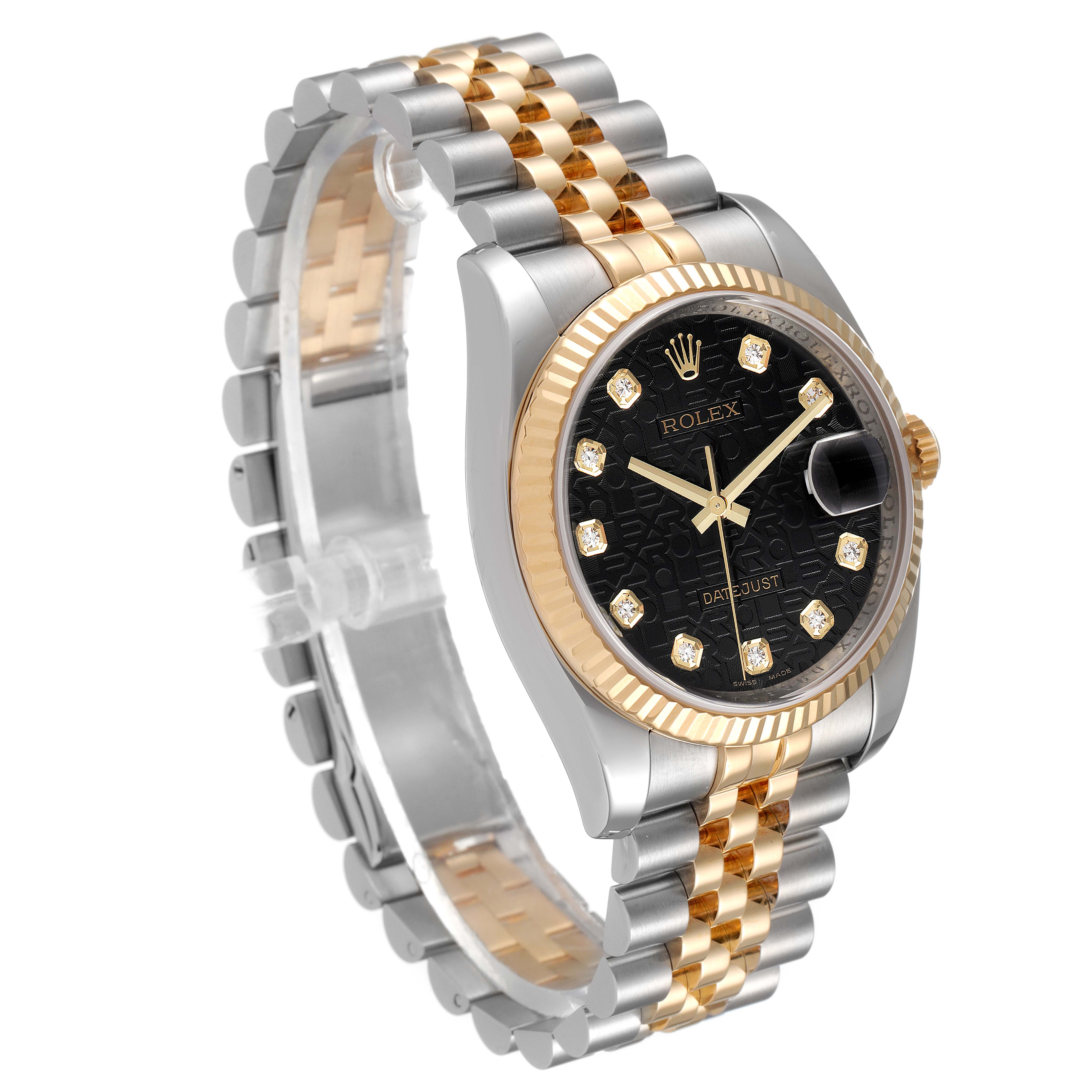 This image shows a Rolex Datejust 116233 Men's Steel and Gold (two tone) Black Dial 116233 Men's Steel and Gold (two tone) Black Dial watch with a two-tone bracelet and a black dial, viewed from a three-quarter angle.