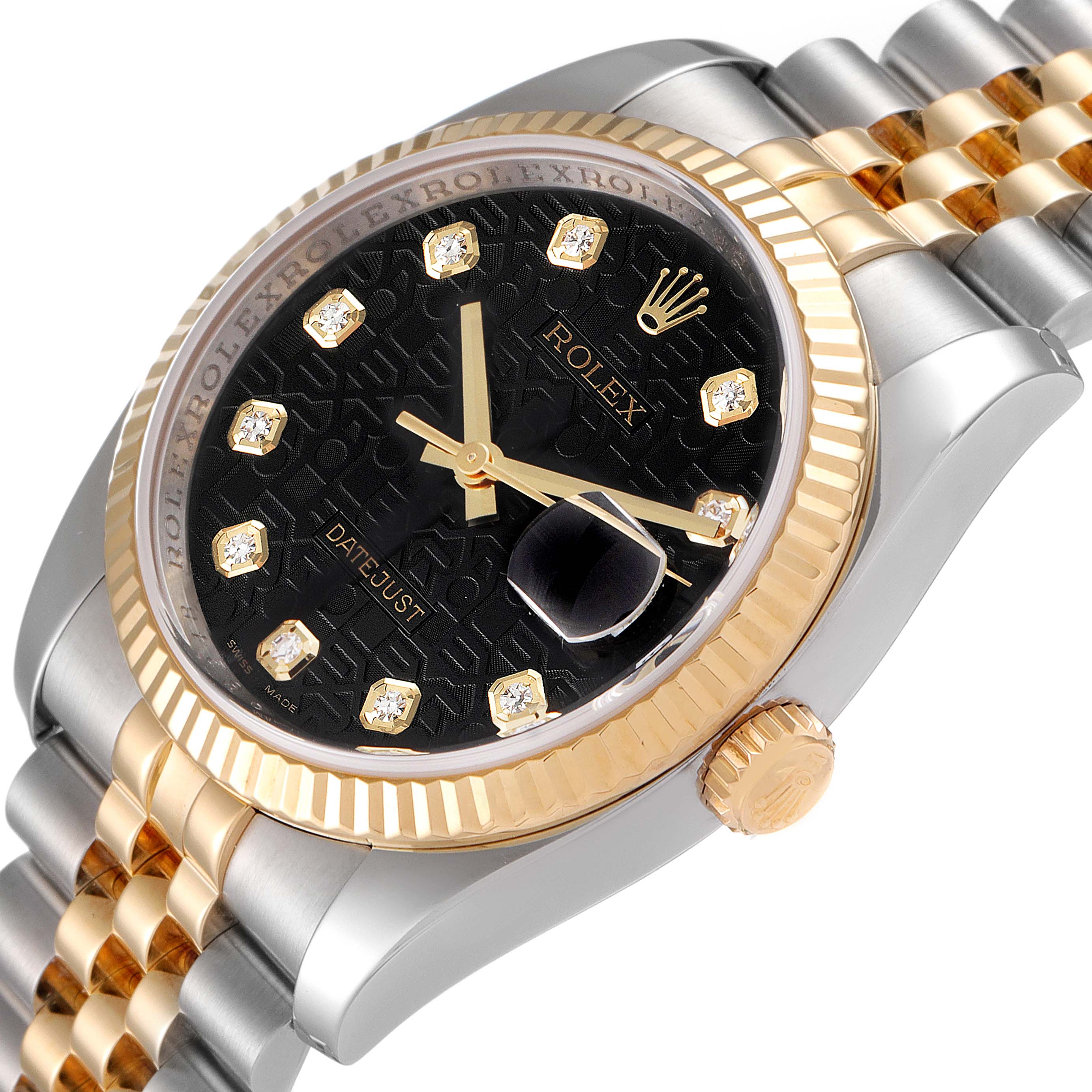 The Rolex Datejust 116233 Men's Steel and Gold (two tone) Black Dial 116233 Men's Steel and Gold (two tone) Black Dial watch is shown at a slightly angled view, highlighting the bezel, dial, date window, and part of the bracelet.