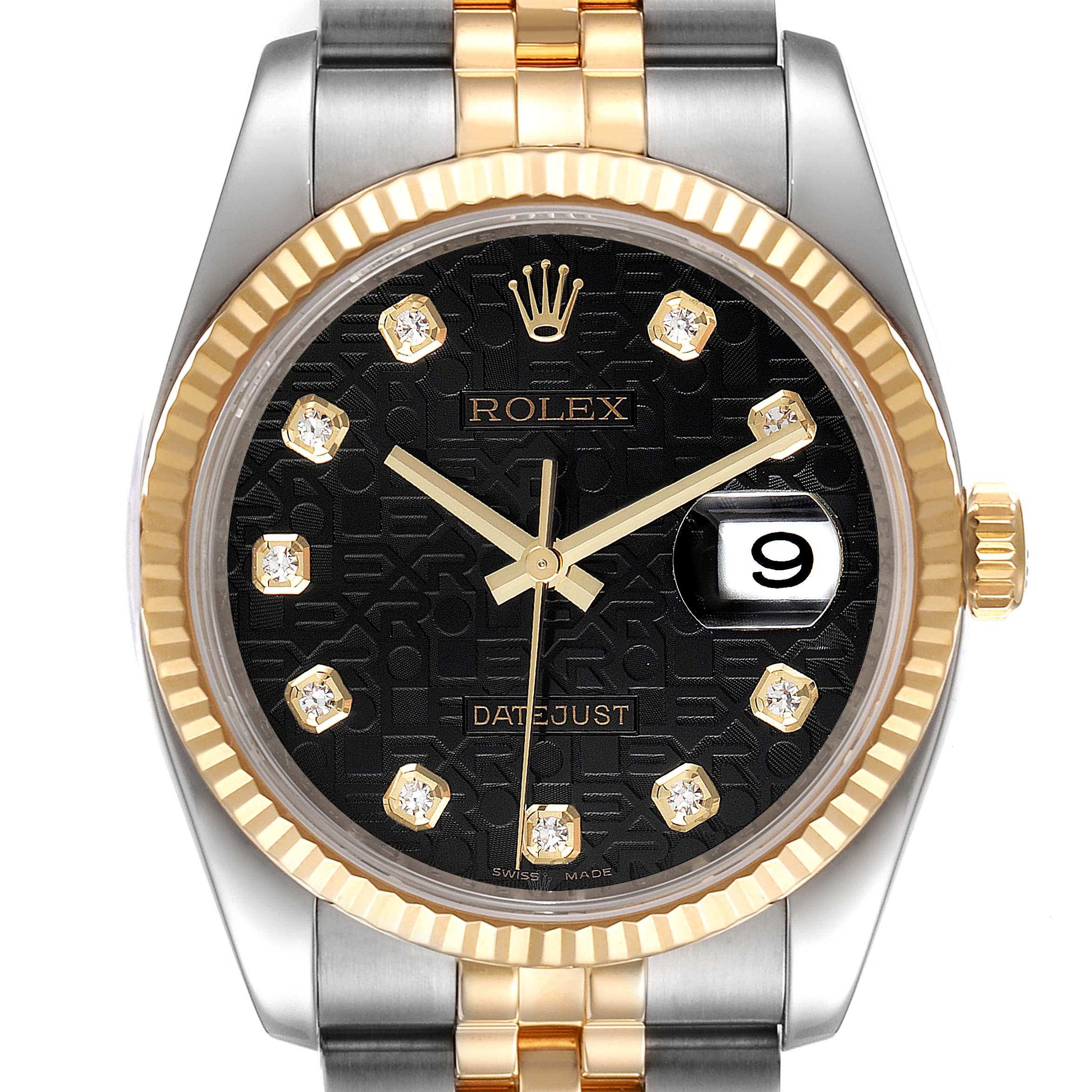 The image shows a frontal view of a Rolex Datejust 116233 Men's Steel and Gold (two tone) Black Dial 116233 Men's Steel and Gold (two tone) Black Dial watch, highlighting its black dial, golden hour markers, bezel, and part of the bracelet.