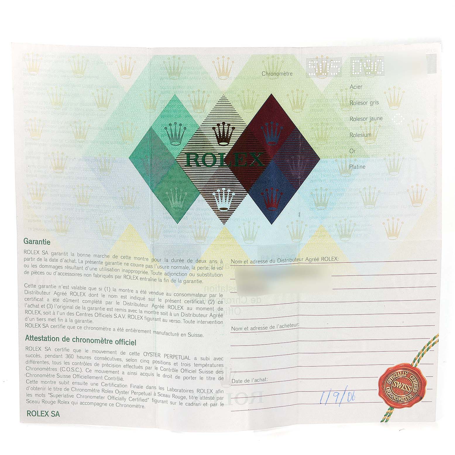 The image shows an official Rolex certificate for the Datejust model, displaying logos, warranty details, and purchase information.