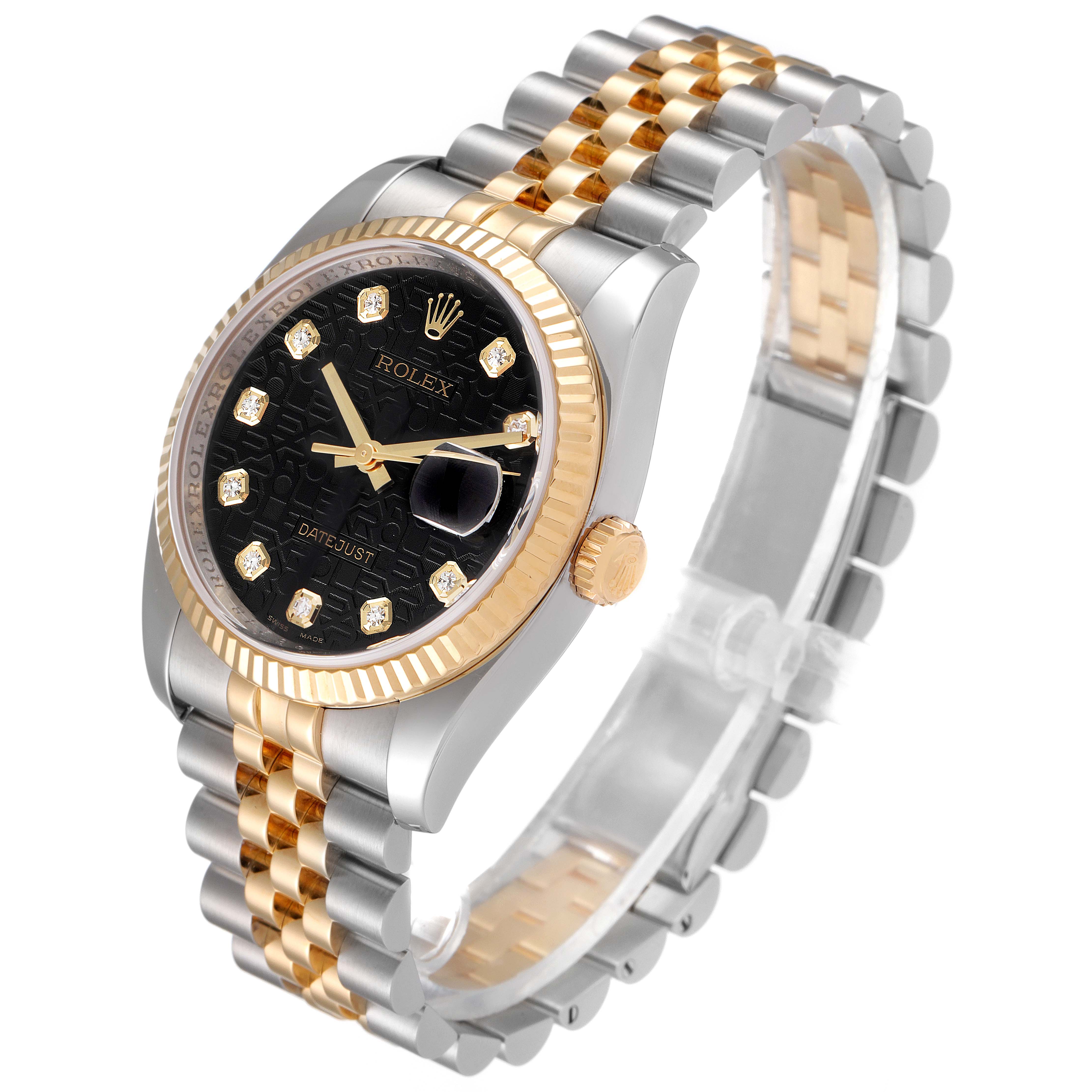 The image shows a Rolex Datejust 116233 Men's Steel and Gold (two tone) Black Dial 116233 Men's Steel and Gold (two tone) Black Dial watch at an angle highlighting its black dial, gold fluted bezel, and two-tone jubilee bracelet.