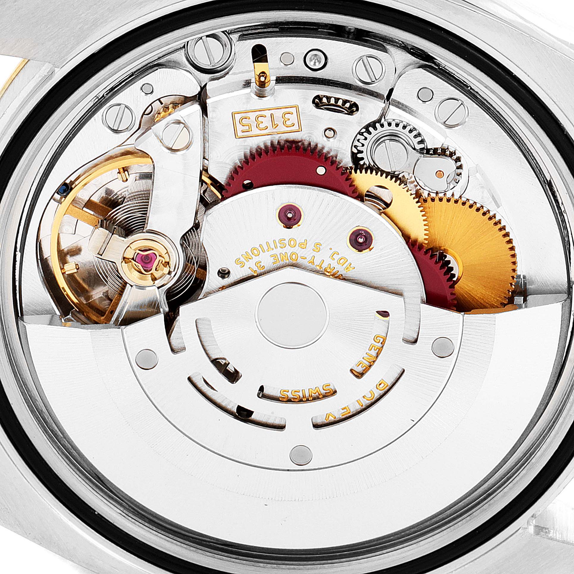 This image shows the intricate movement mechanism of the Rolex Datejust 116233 Men's Steel and Gold (two tone) Black Dial 116233 Men's Steel and Gold (two tone) Black Dial watch from a close-up, back angle.