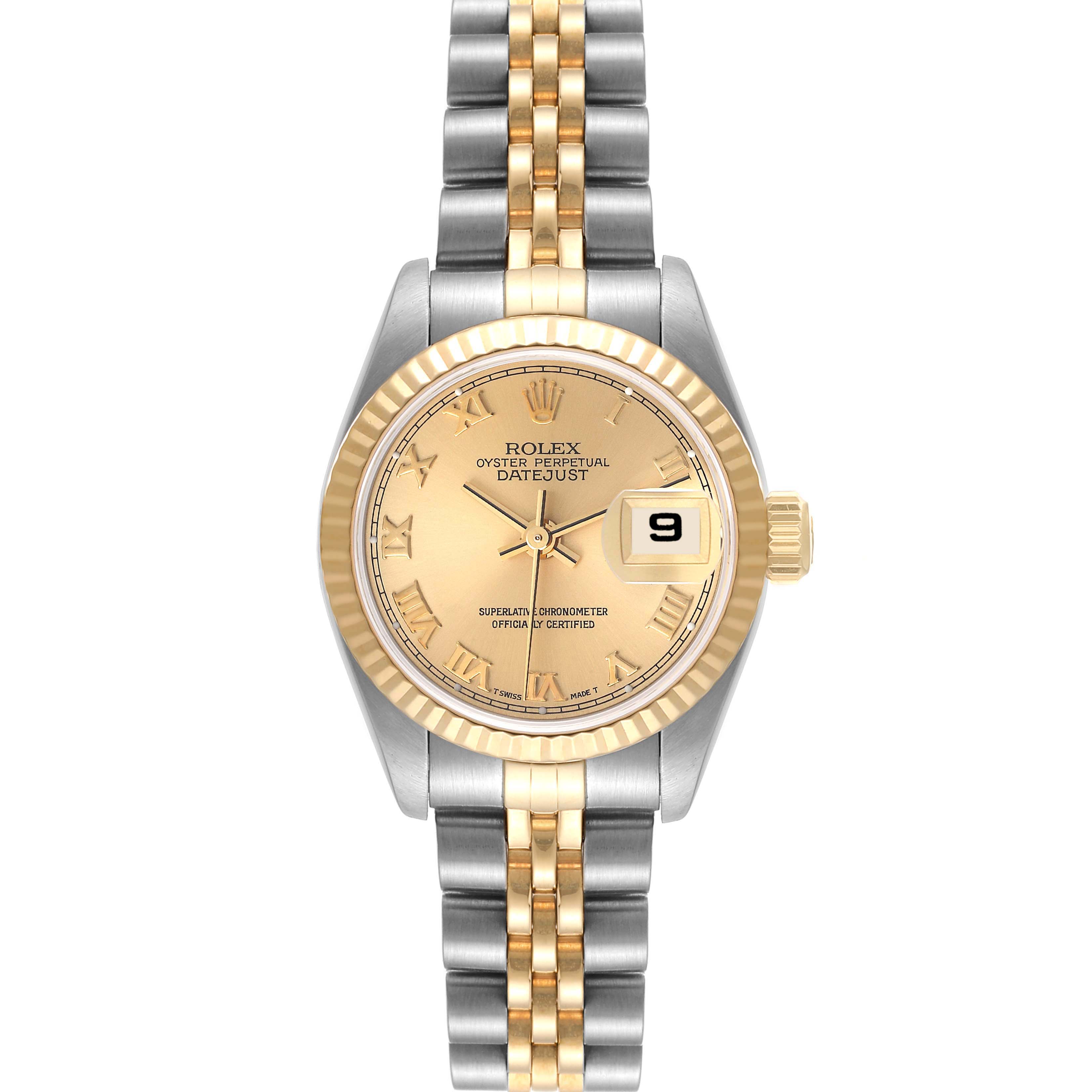 The image shows a front view of a Rolex Datejust 69173 Women's Steel and Gold (two tone) Champagne Dial 69173 Women's Steel and Gold (two tone) Champagne Dial watch, displaying the dial, bezel, and part of the two-tone bracelet.