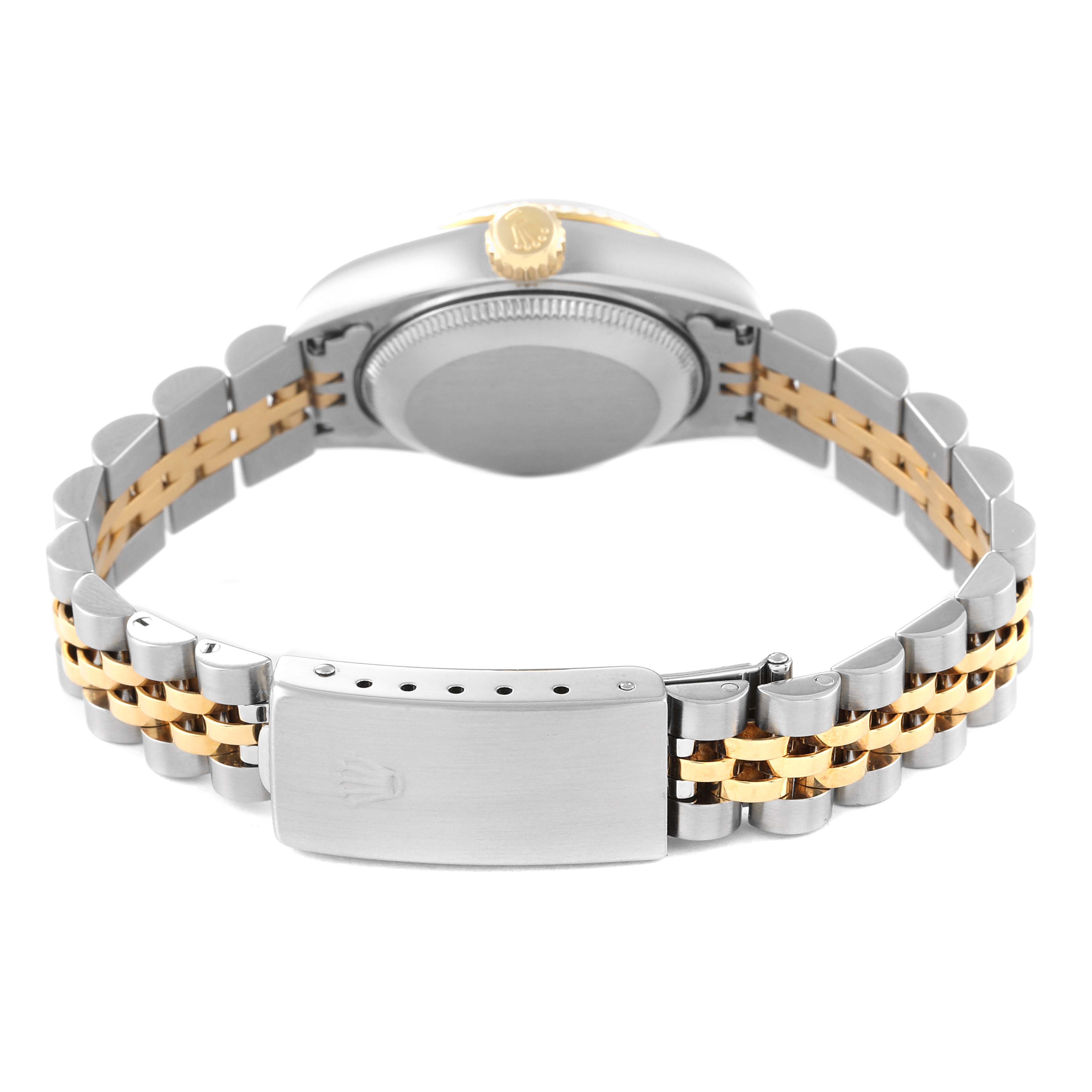 The image shows the rear view of a Rolex Datejust 69173 Women's Steel and Gold (two tone) Champagne Dial 69173 Women's Steel and Gold (two tone) Champagne Dial watch, displaying its two-tone bracelet, clasp, and case back.