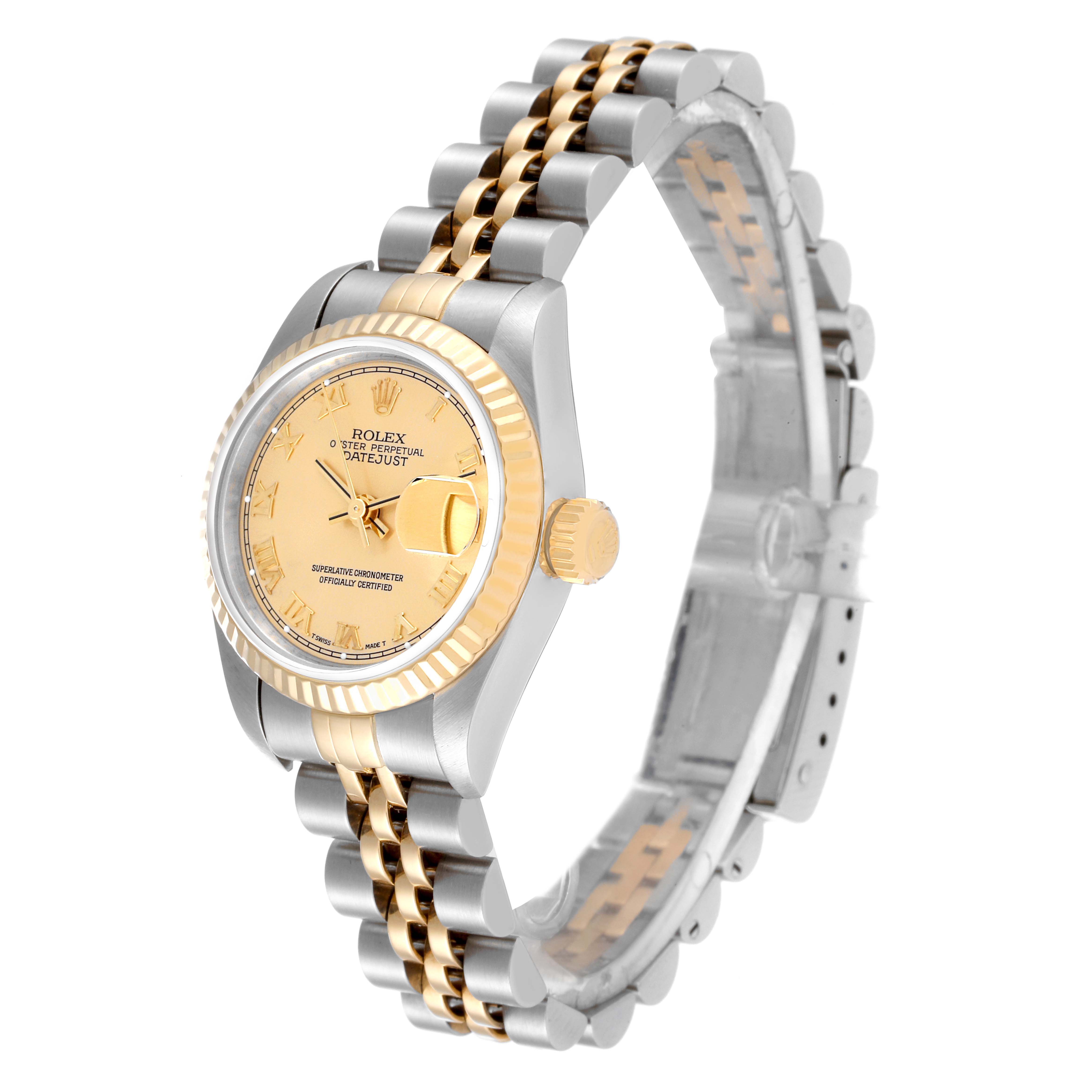 This image shows a side and top view of a Rolex Datejust 69173 Women's Steel and Gold (two tone) Champagne Dial 69173 Women's Steel and Gold (two tone) Champagne Dial watch, showcasing its gold and silver bracelet and fluted bezel.