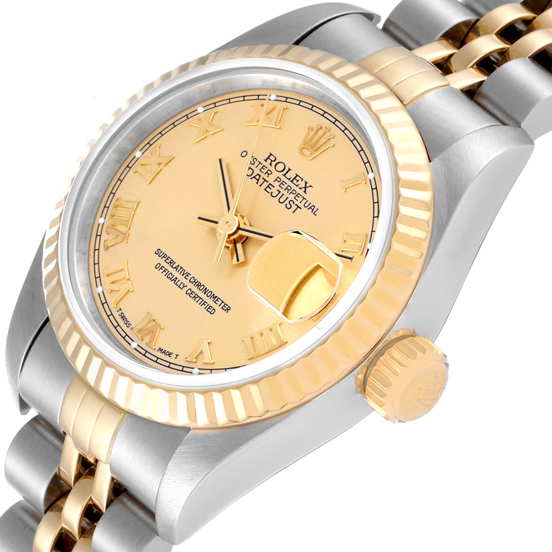 The image shows a side angle of the Rolex Datejust 69173 Women's Steel and Gold (two tone) Champagne Dial 69173 Women's Steel and Gold (two tone) Champagne Dial watch highlighting the dial, bezel, crown, and part of the bracelet.