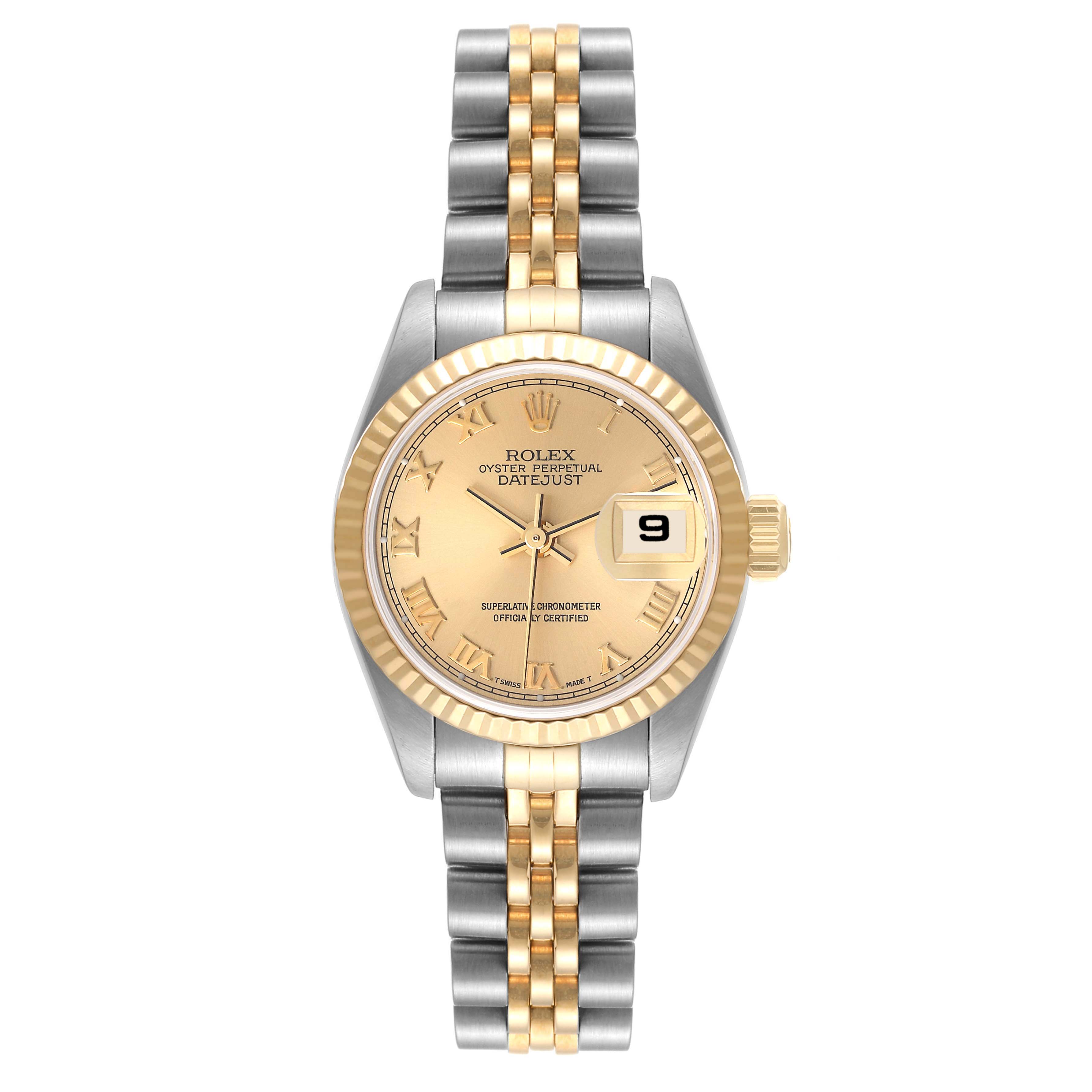 This image shows a front view of a Rolex Datejust 69173 Women's Steel and Gold (two tone) Champagne Dial 69173 Women's Steel and Gold (two tone) Champagne Dial watch, highlighting the dial, bezel, and two-tone bracelet.