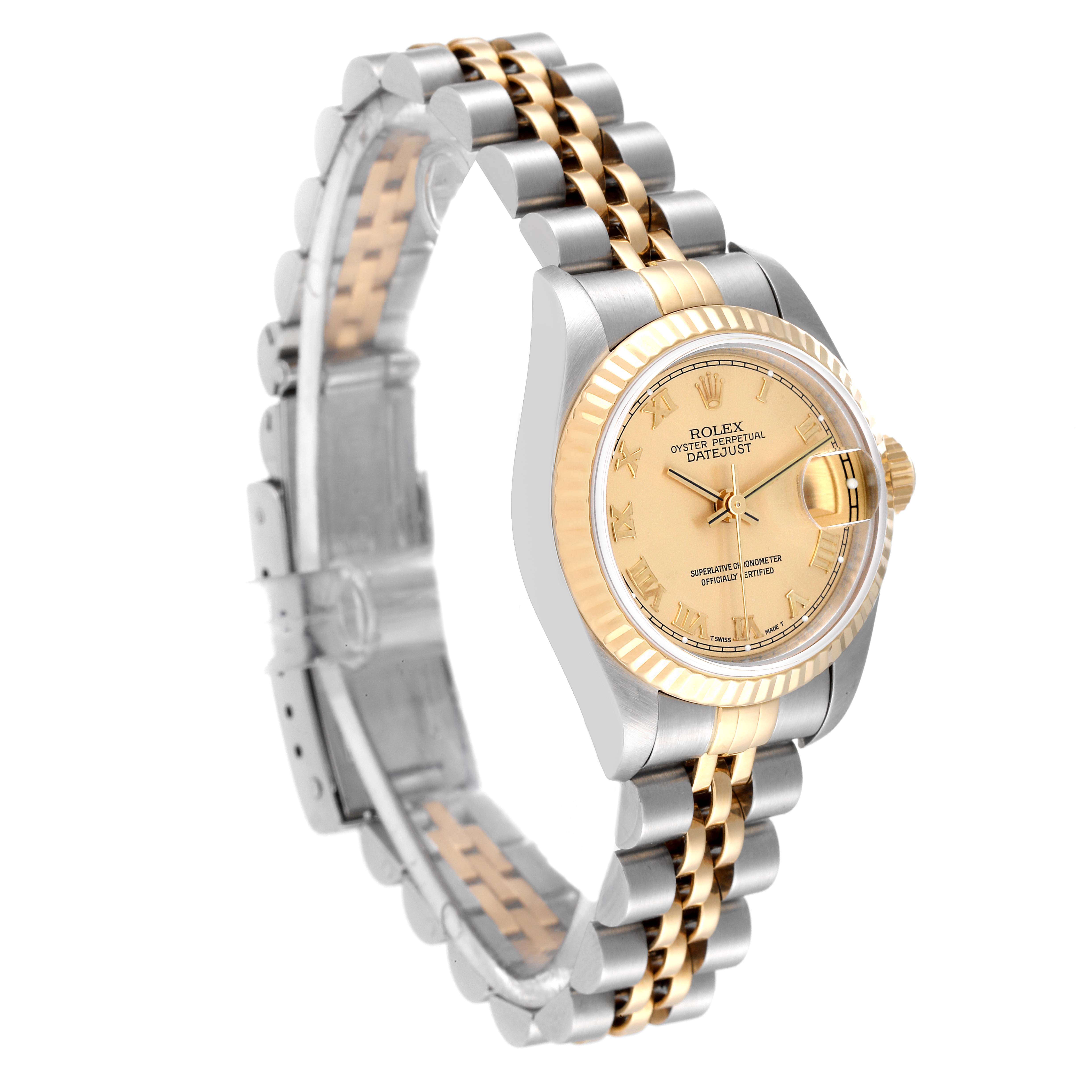 The image shows a Rolex Datejust 69173 Women's Steel and Gold (two tone) Champagne Dial 69173 Women's Steel and Gold (two tone) Champagne Dial watch at a slightly tilted side angle, highlighting the face, bezel, and two-tone bracelet.