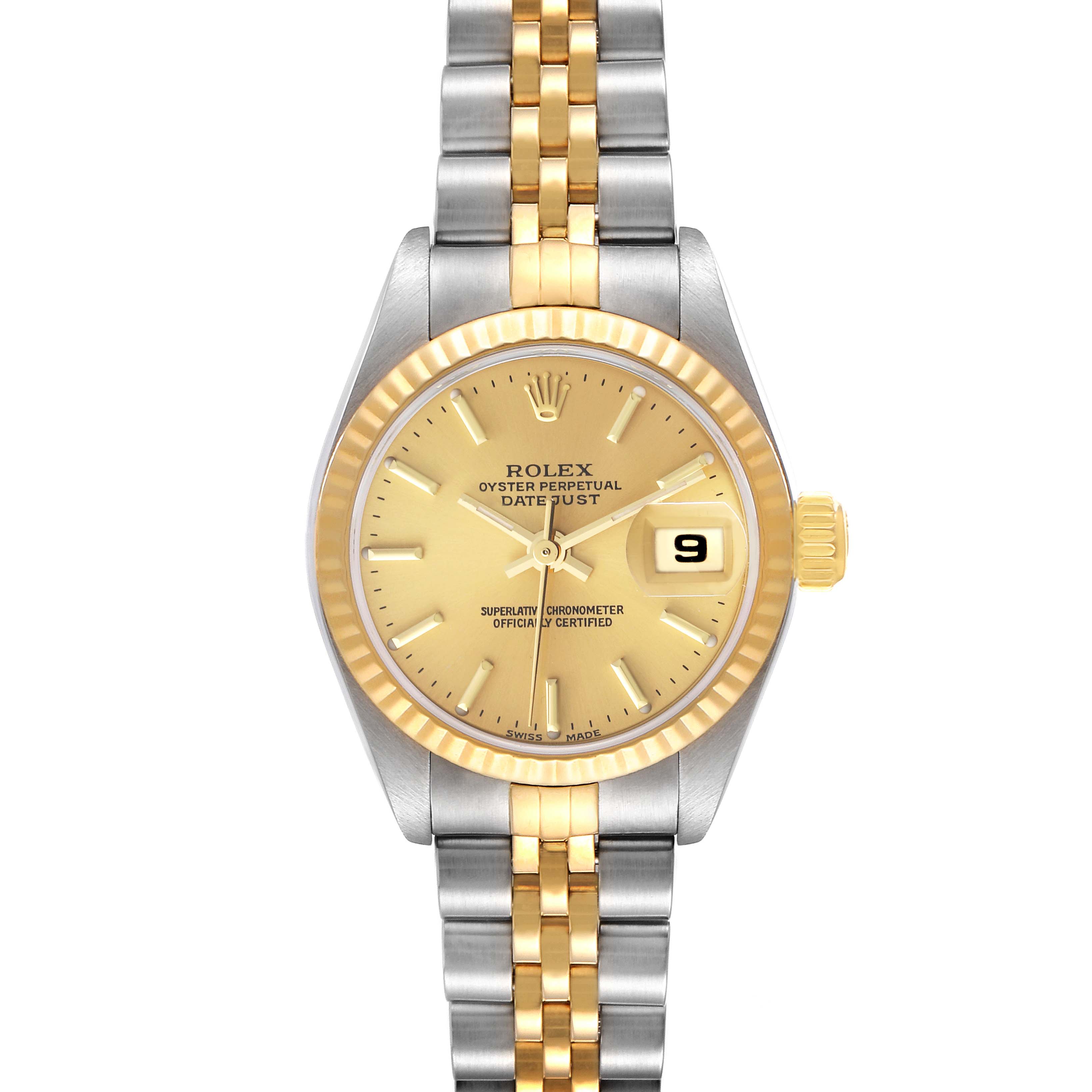 The image shows a front view of a Rolex Datejust 79173 Women's Steel and Gold (two tone) Champagne Dial 79173 Women's Steel and Gold (two tone) Champagne Dial watch featuring a gold and silver band, fluted bezel, and a date window.