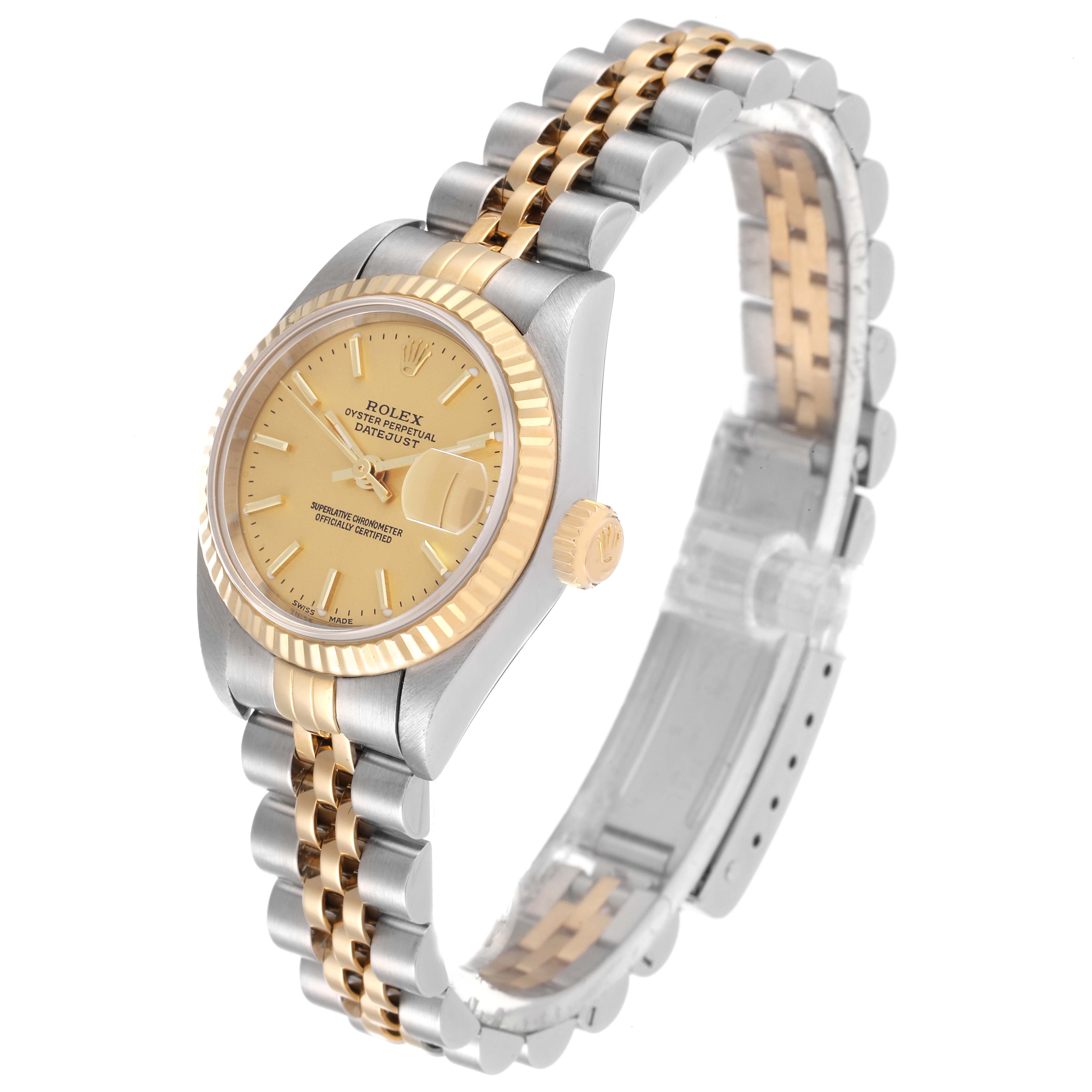 The image shows a Rolex Datejust 79173 Women's Steel and Gold (two tone) Champagne Dial 79173 Women's Steel and Gold (two tone) Champagne Dial watch at a slight angle, displaying its face, crown, and two-tone bracelet.