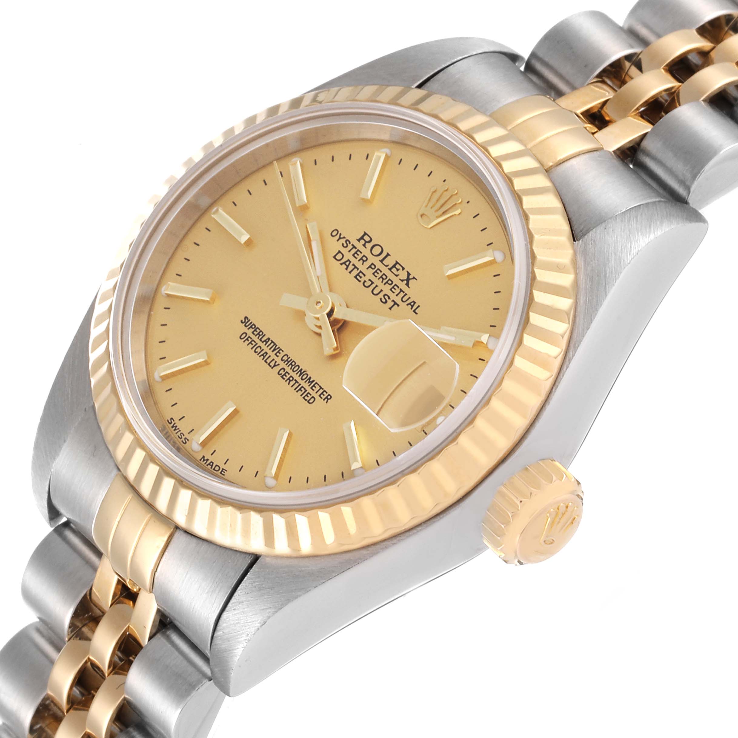 The image shows a Rolex Datejust 79173 Women's Steel and Gold (two tone) Champagne Dial 79173 Women's Steel and Gold (two tone) Champagne Dial watch at an angled close-up, highlighting its dial, bezel, crown, and bracelet.