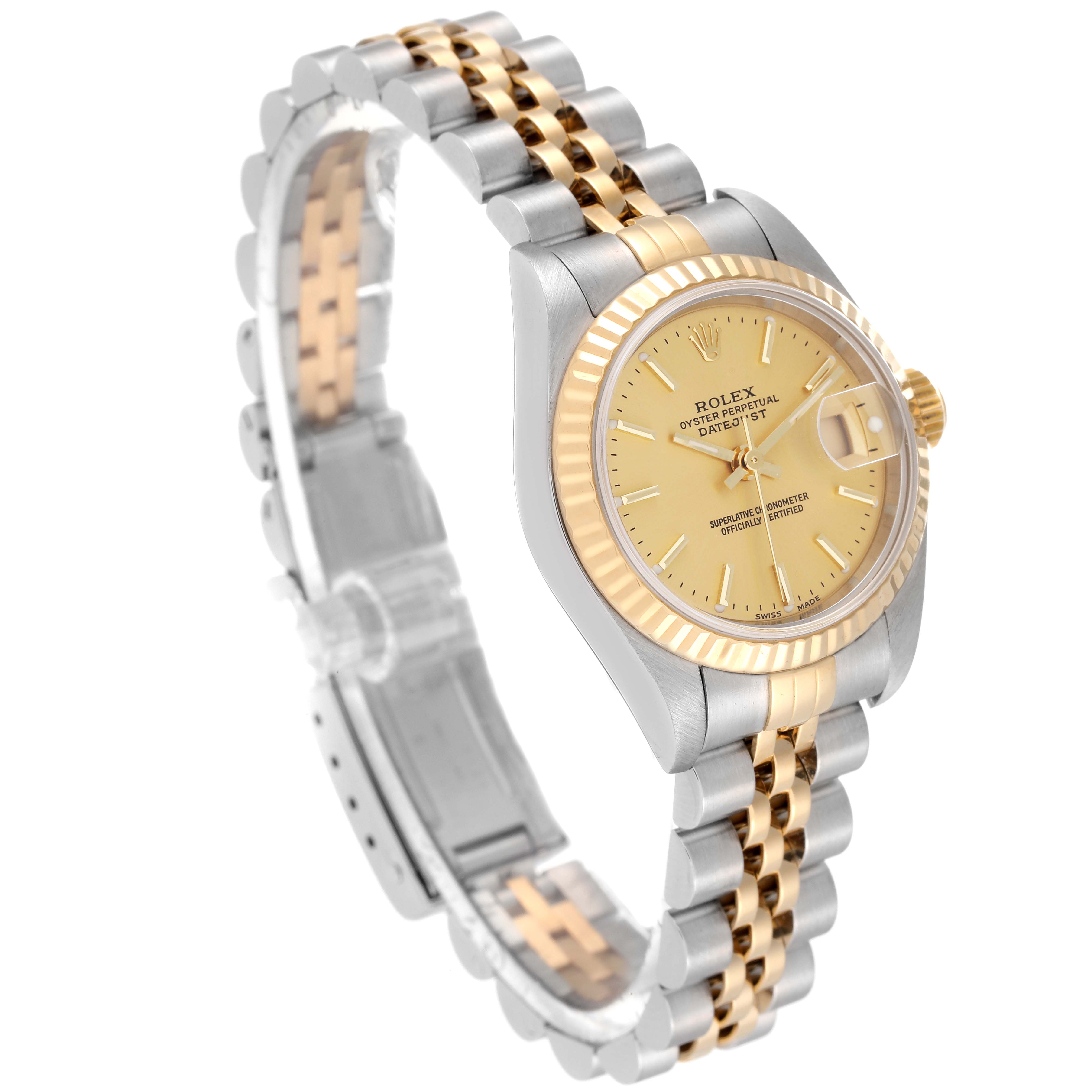 The Rolex Datejust 79173 Women's Steel and Gold (two tone) Champagne Dial 79173 Women's Steel and Gold (two tone) Champagne Dial watch is shown at a slight angle, displaying the face, fluted bezel, and two-tone Jubilee bracelet.