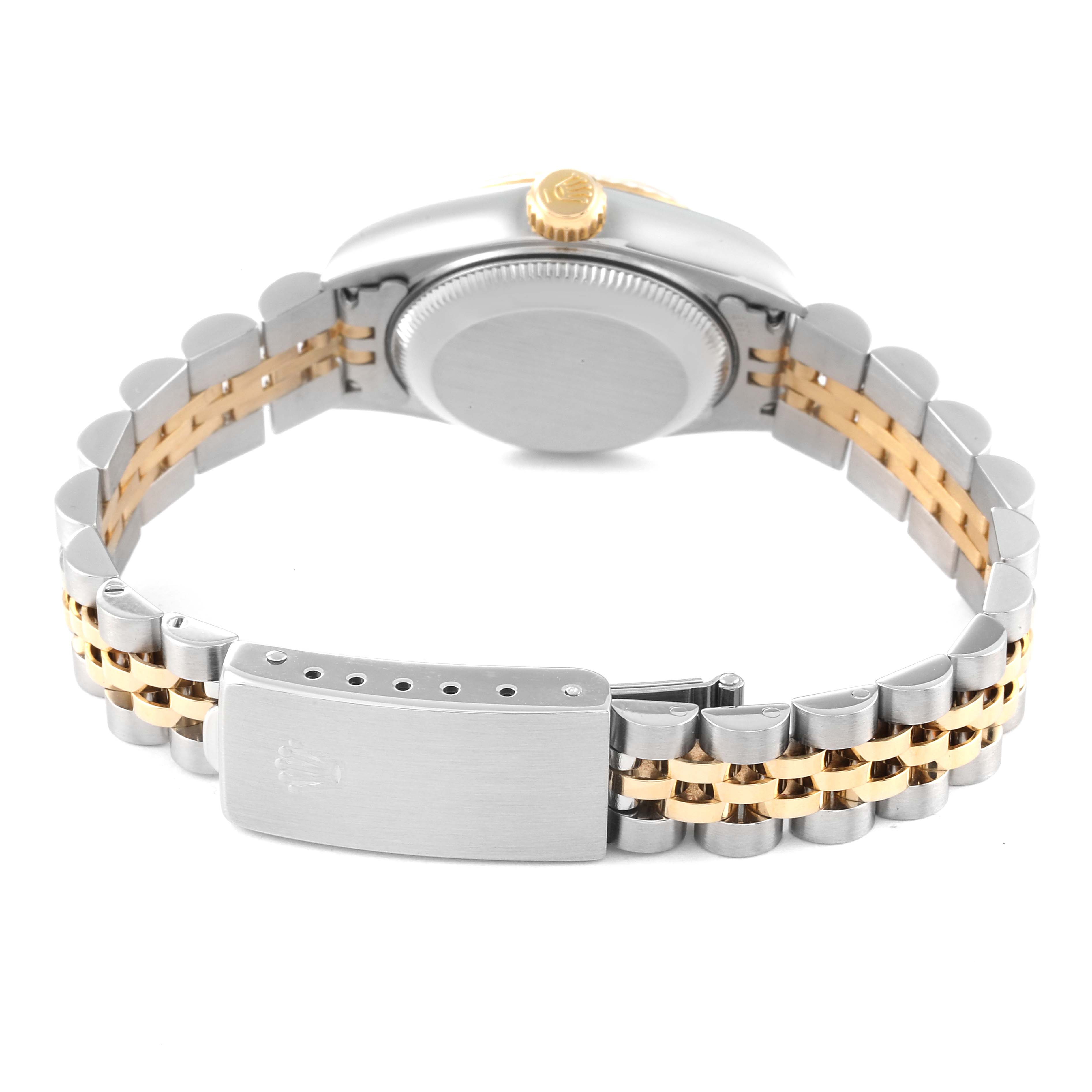 This image shows the back view of a Rolex Datejust 79173 Women's Steel and Gold (two tone) Champagne Dial 79173 Women's Steel and Gold (two tone) Champagne Dial watch, highlighting the bracelet with a two-tone metal design and the clasp.