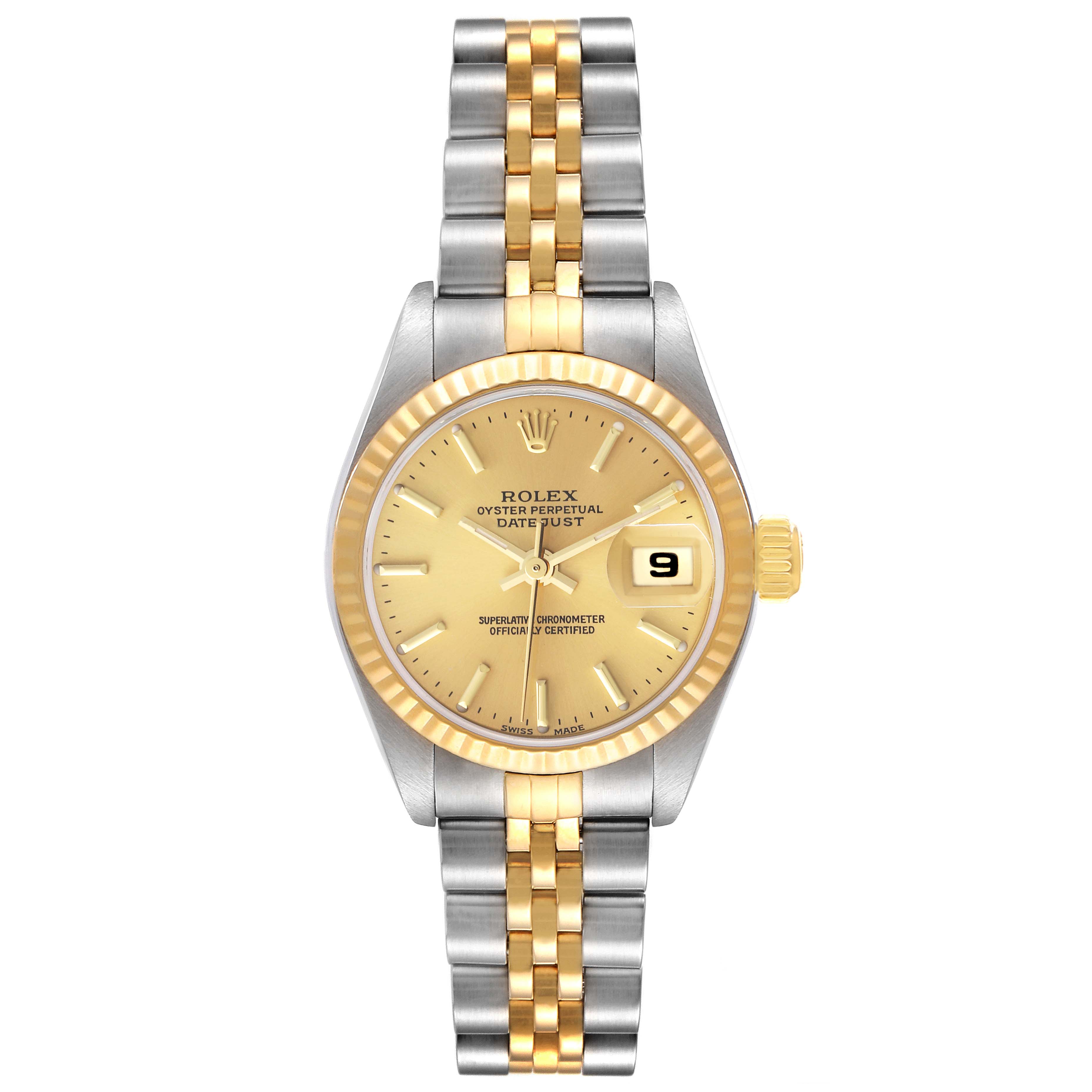 The Rolex Datejust 79173 Women's Steel and Gold (two tone) Champagne Dial 79173 Women's Steel and Gold (two tone) Champagne Dial watch is shown from a front angle, highlighting the face, bezel, crown, and two-tone bracelet.