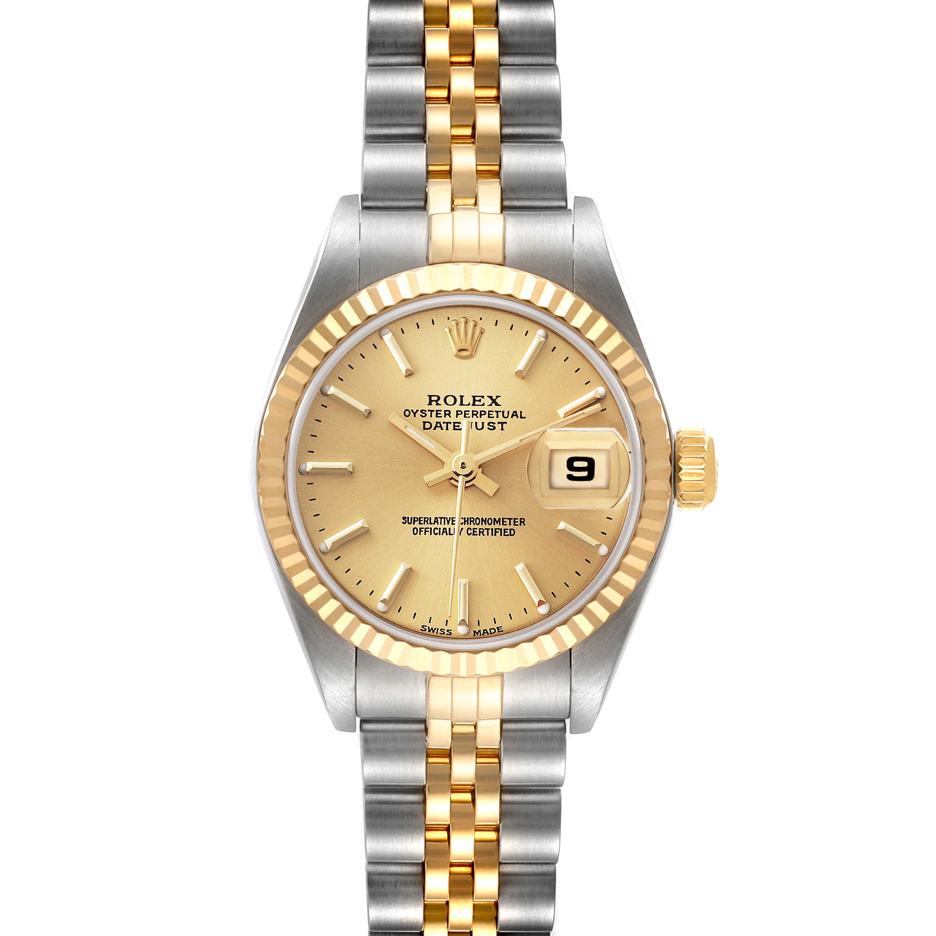 The image shows a front view of a Rolex Datejust 79173 Women's Steel and Gold (two tone) Champagne Dial 79173 Women's Steel and Gold (two tone) Champagne Dial watch, prominently displaying the dial, bezel, and bracelet.