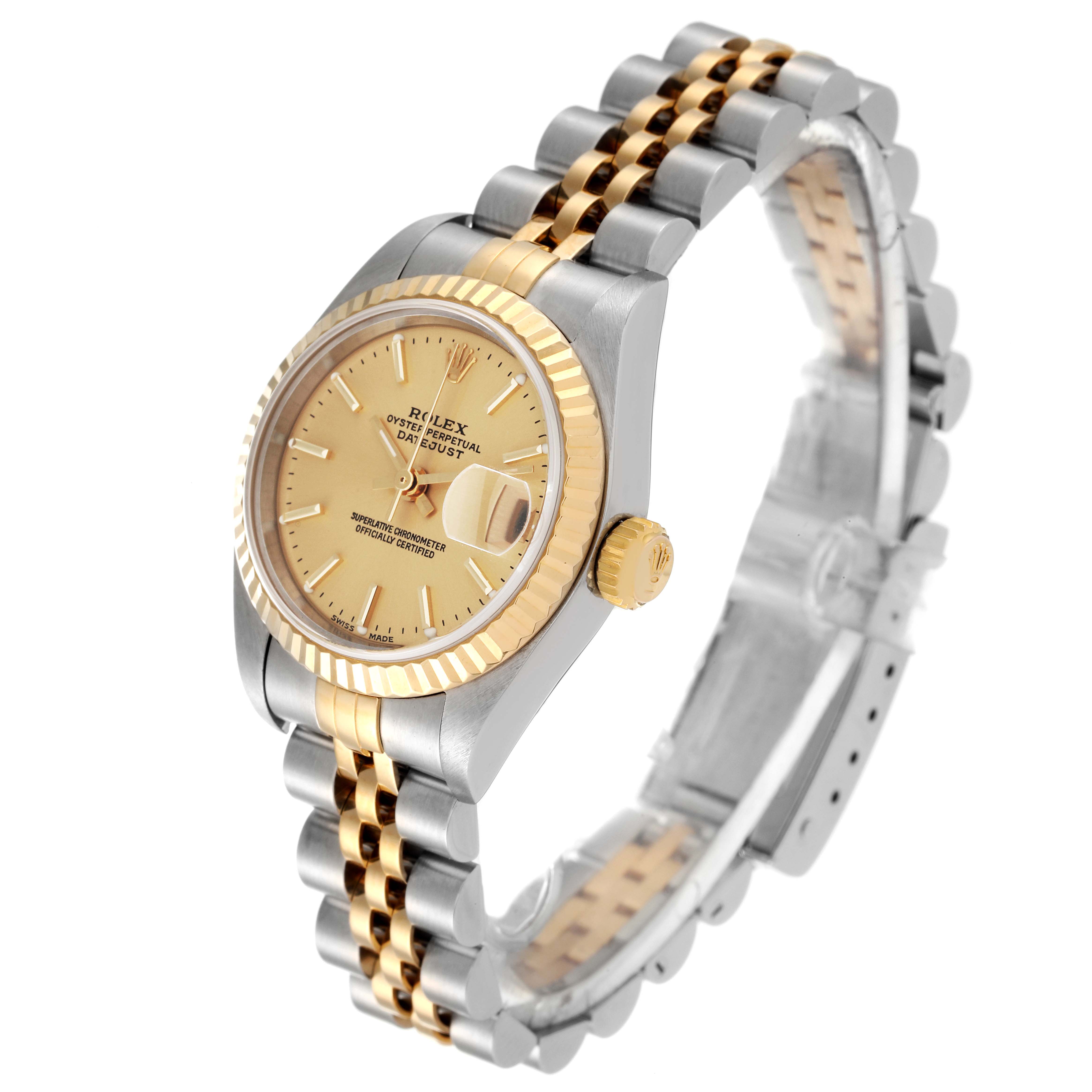 This Rolex Datejust 79173 Women's Steel and Gold (two tone) Champagne Dial 79173 Women's Steel and Gold (two tone) Champagne Dial watch is shown at a three-quarter angle, highlighting the gold and silver bracelet, dial, and crown.