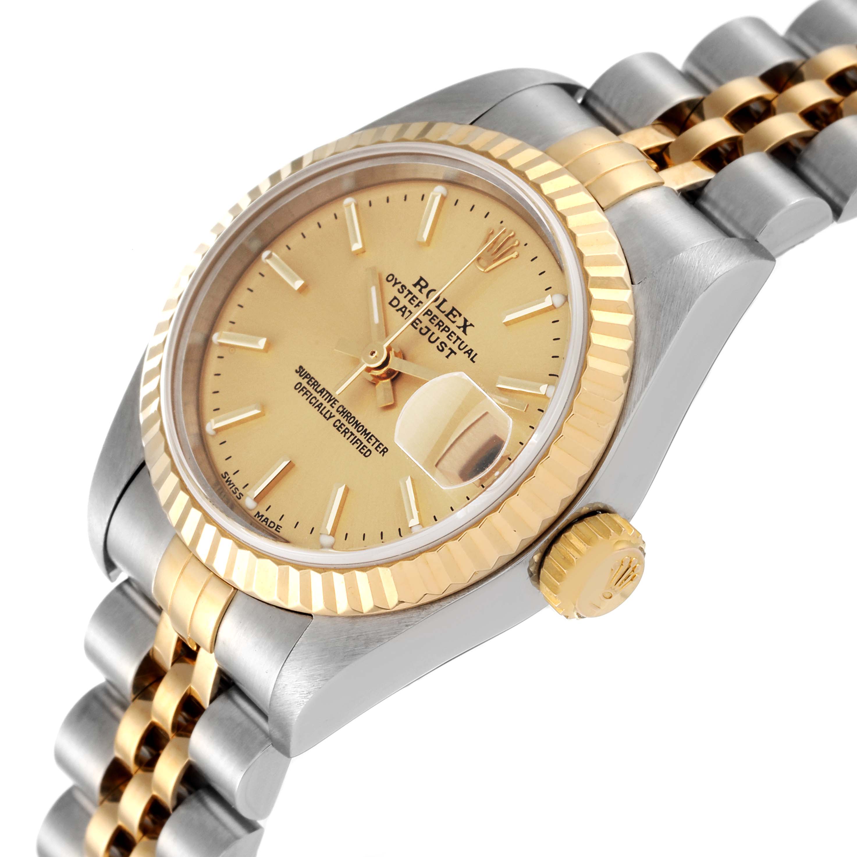 This Rolex Datejust 79173 Women's Steel and Gold (two tone) Champagne Dial 79173 Women's Steel and Gold (two tone) Champagne Dial watch is shown at a slight angle, highlighting its dial, fluted bezel, and part of the jubilee bracelet.