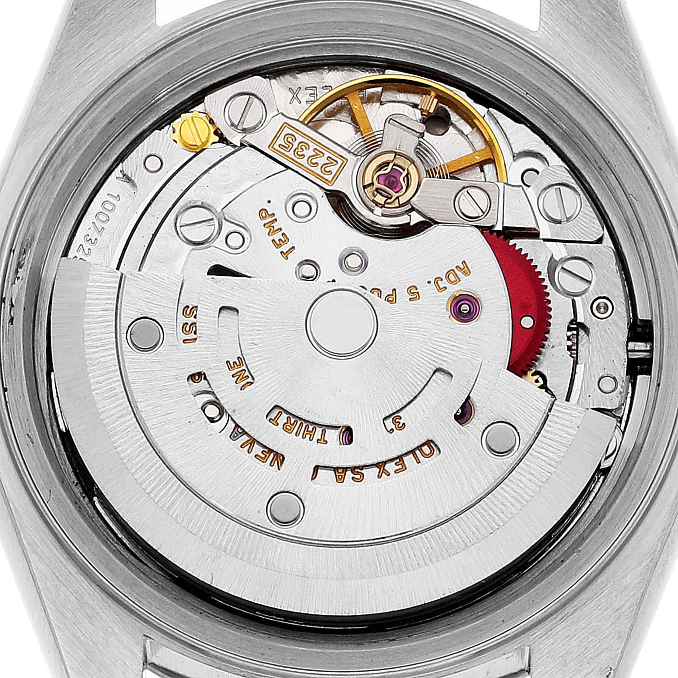 This image shows the back view of the internal movement mechanism of a Rolex Datejust 79173 Women's Steel and Gold (two tone) Champagne Dial 79173 Women's Steel and Gold (two tone) Champagne Dial watch.