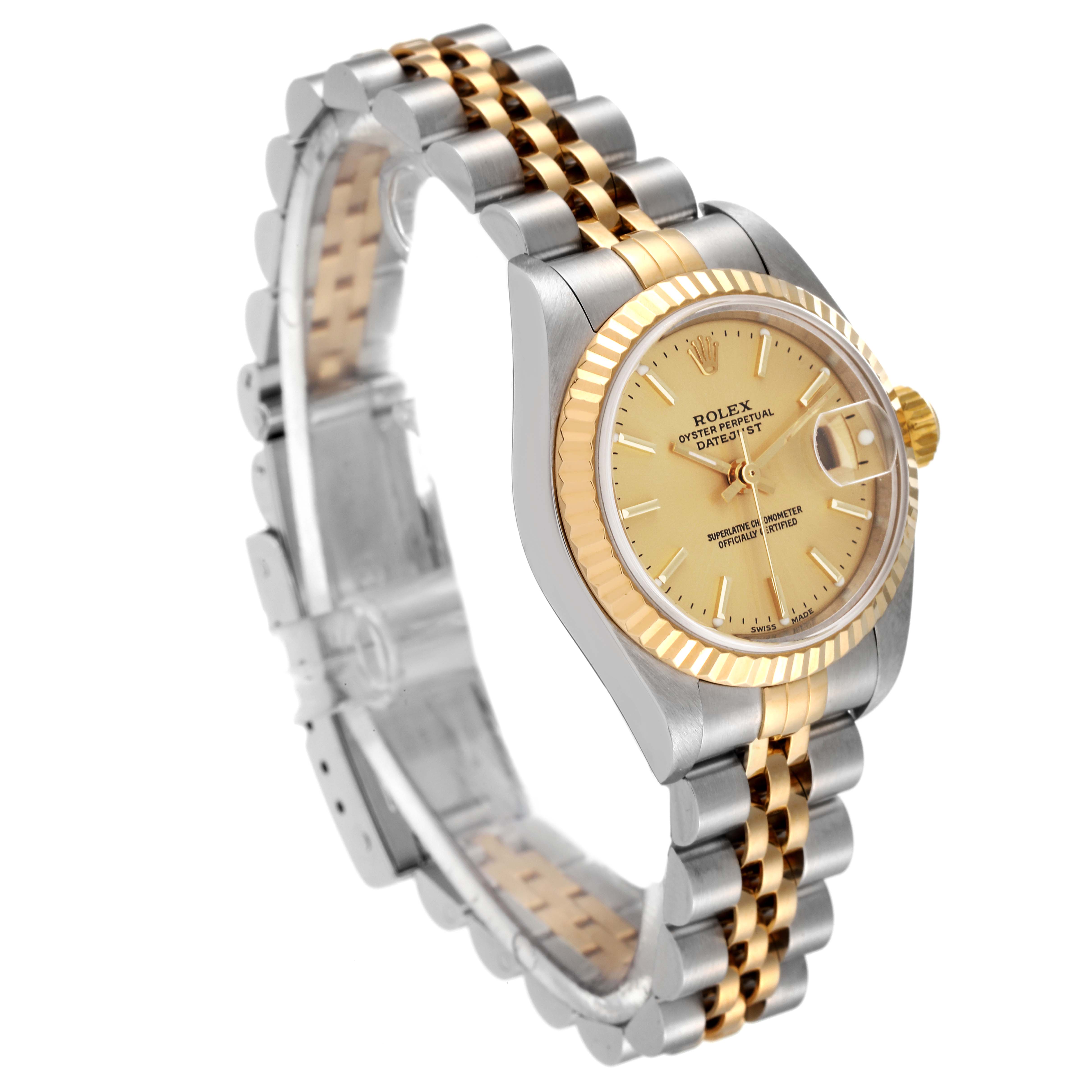 This image shows the Rolex Datejust 79173 Women's Steel and Gold (two tone) Champagne Dial 79173 Women's Steel and Gold (two tone) Champagne Dial watch at a three-quarter angle, highlighting the gold and silver jubilee bracelet and fluted bezel.
