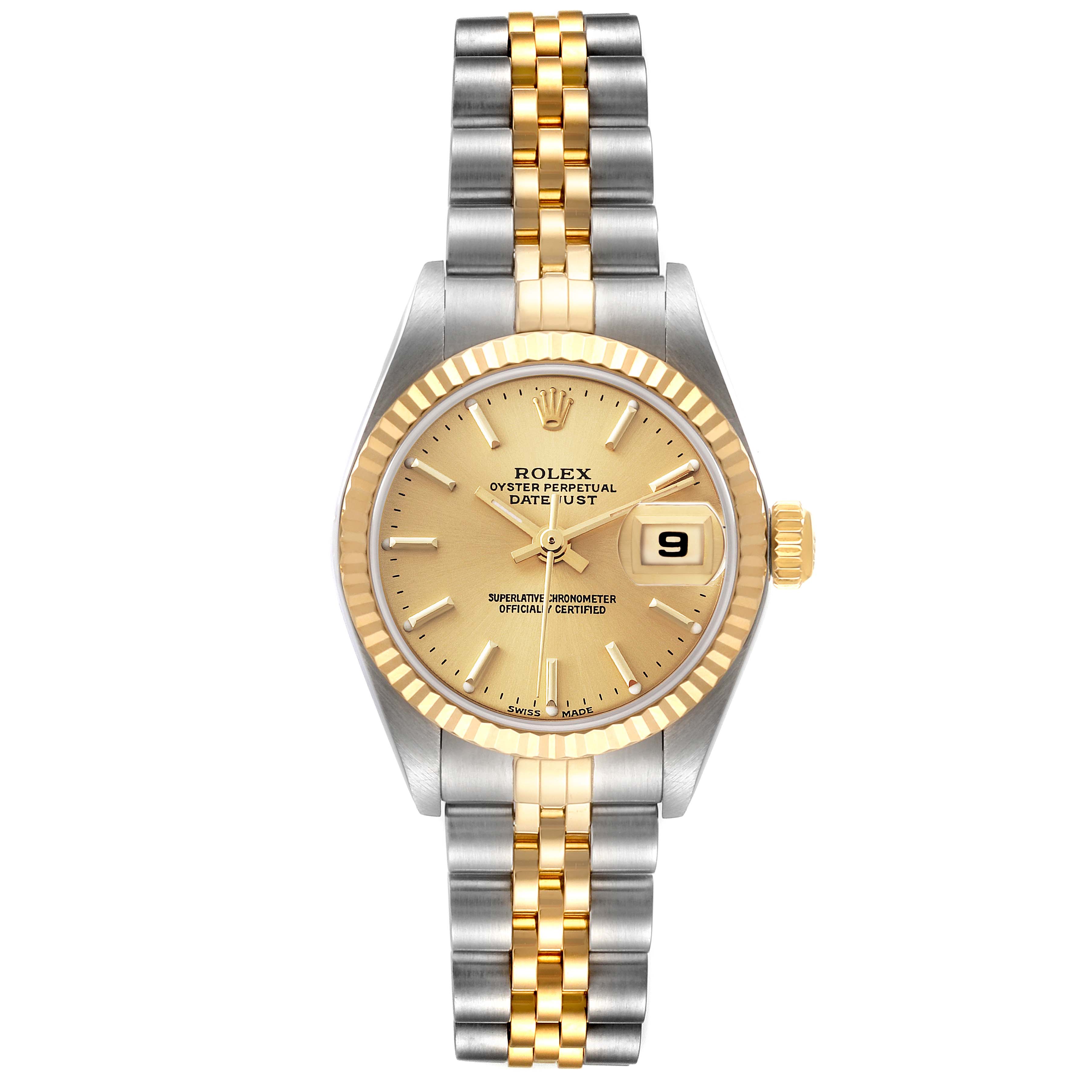 This image shows a Rolex Datejust 79173 Women's Steel and Gold (two tone) Champagne Dial 79173 Women's Steel and Gold (two tone) Champagne Dial watch from a front angle, featuring a two-tone bracelet and a gold dial with a date display.