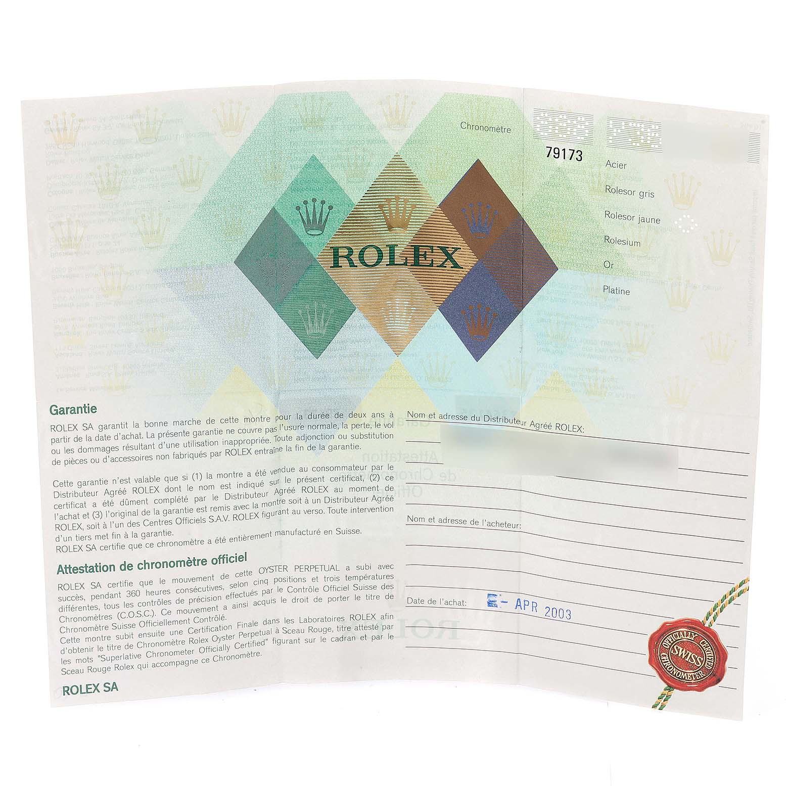 This image shows a guarantee and chronometer official certificate for a Rolex Datejust 79173 Women's Steel and Gold (two tone) Champagne Dial 79173 Women's Steel and Gold (two tone) Champagne Dial watch, dated April 2003.