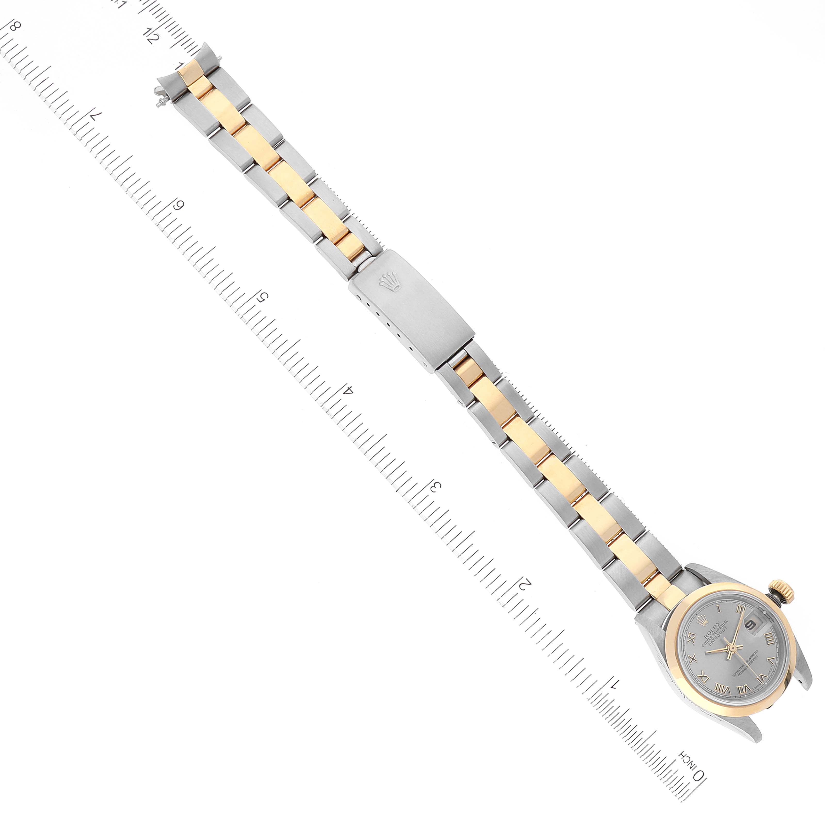 The image shows the Rolex Datejust 69163 Women's Steel and Gold (two tone) Grey Dial 69163 Women's Steel and Gold (two tone) Grey Dial watch laid flat, showcasing the dial, case, bracelet, and clasp from an overhead angle.