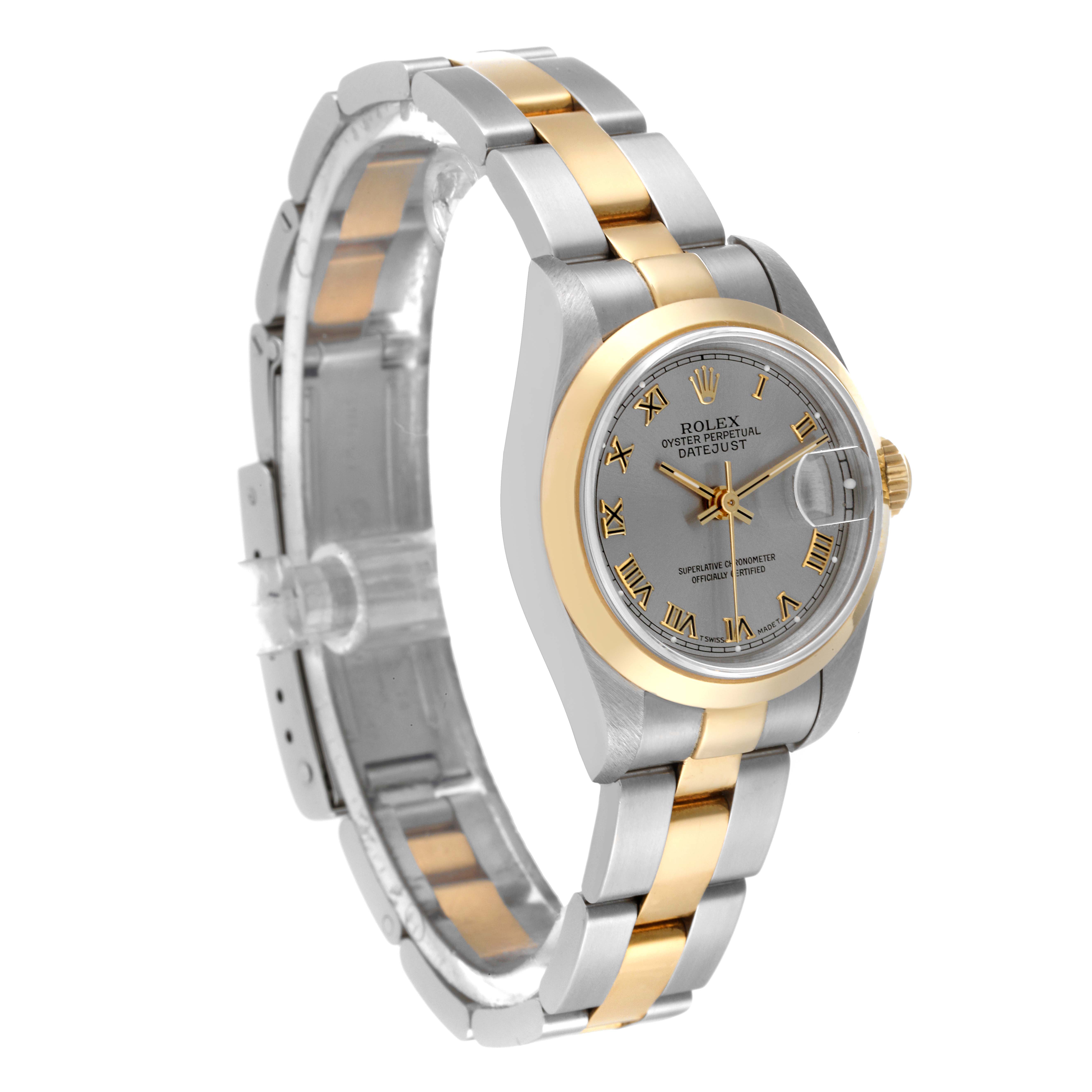 The Rolex Datejust 69163 Women's Steel and Gold (two tone) Grey Dial 69163 Women's Steel and Gold (two tone) Grey Dial watch is shown at a three-quarter angle, highlighting its bezel, dial, and two-tone bracelet.
