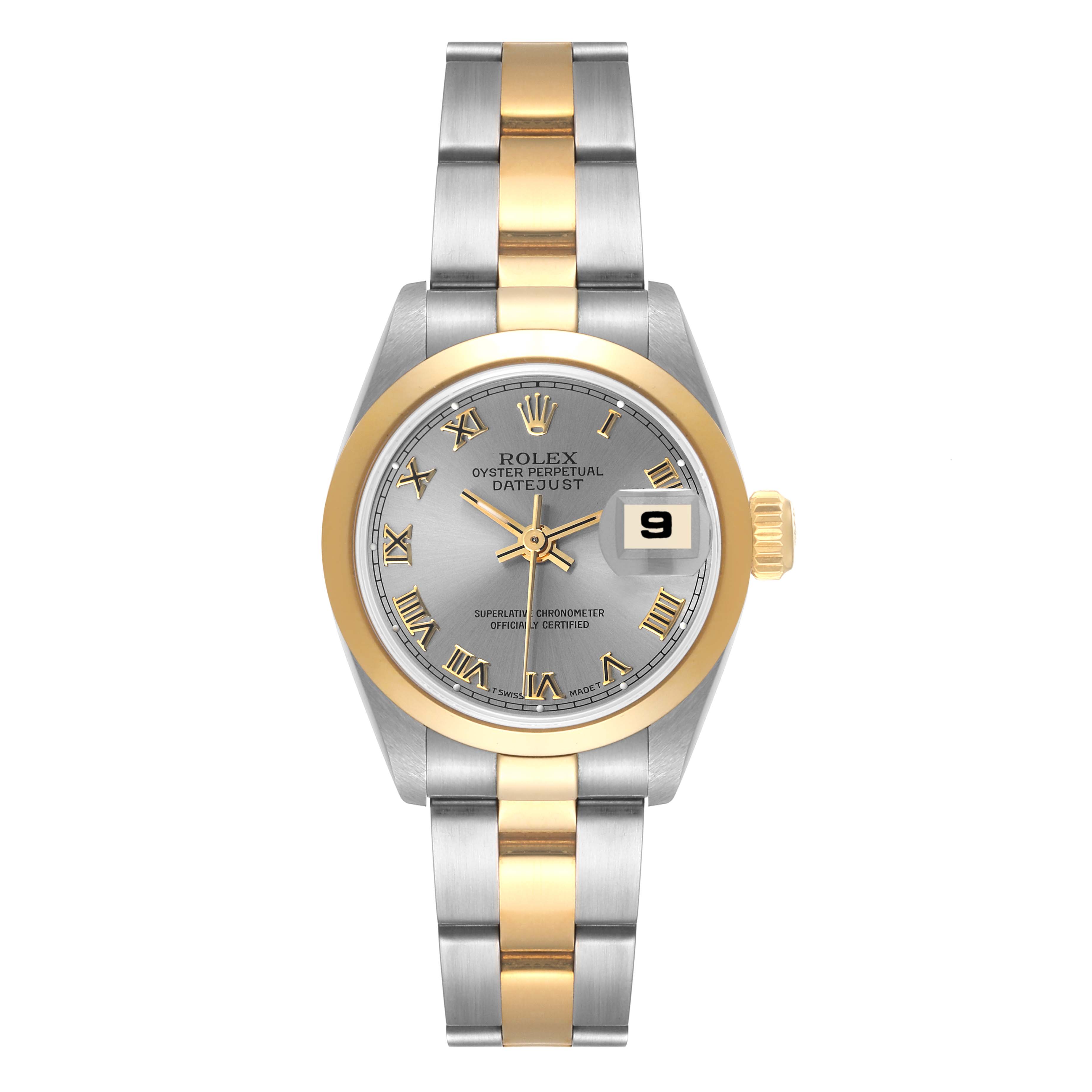The image shows a Rolex Datejust 69163 Women's Steel and Gold (two tone) Grey Dial 69163 Women's Steel and Gold (two tone) Grey Dial watch front view, featuring a dual-tone silver and gold band with a date indicator.