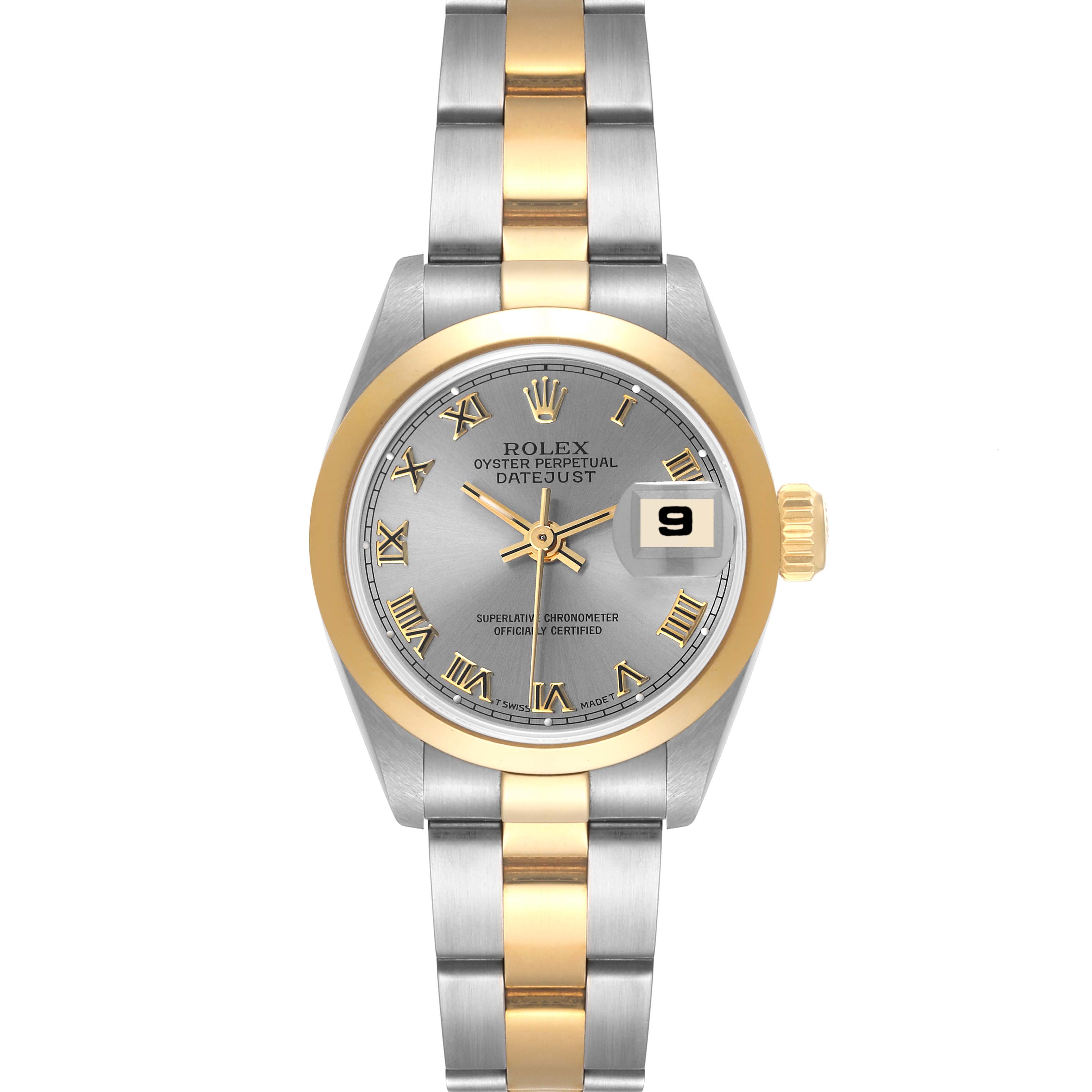 This image shows a frontal view of a Rolex Datejust 69163 Women's Steel and Gold (two tone) Grey Dial 69163 Women's Steel and Gold (two tone) Grey Dial watch, featuring a two-tone band and date display.