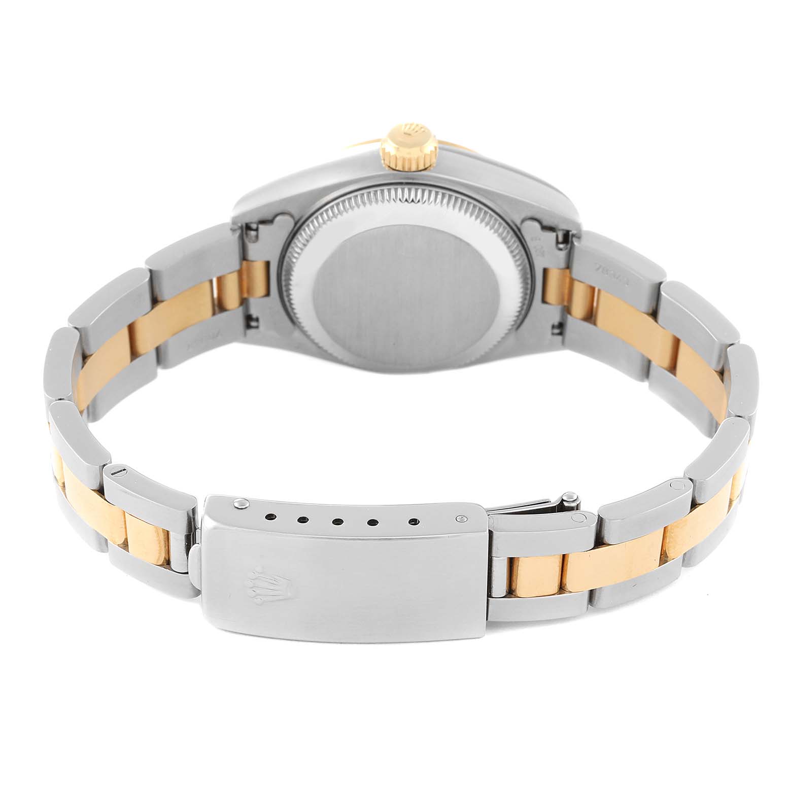 The image shows the back angle of a Rolex Datejust 69163 Women's Steel and Gold (two tone) Grey Dial 69163 Women's Steel and Gold (two tone) Grey Dial watch with a two-tone bracelet and clasp.