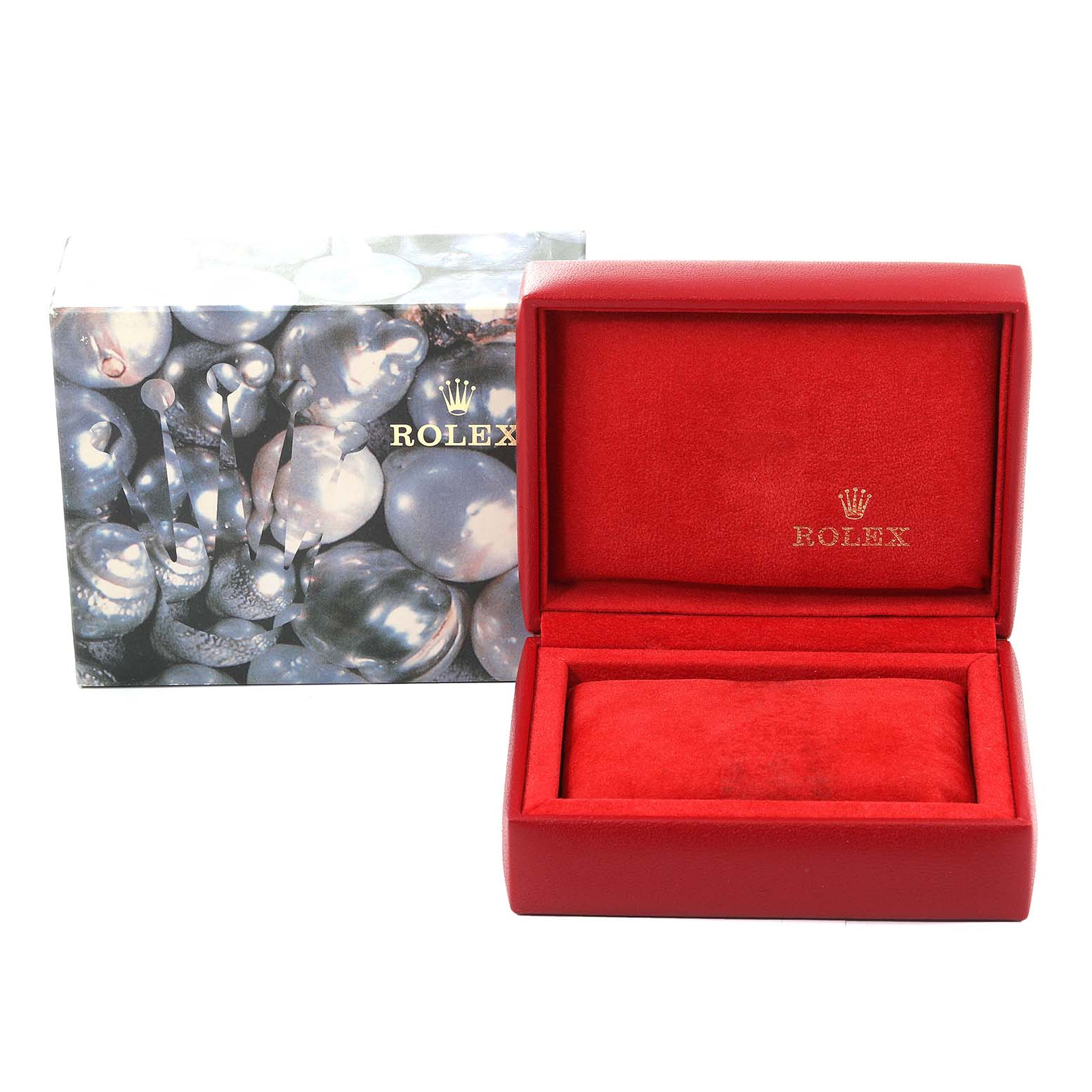 The image shows a Rolex Datejust 69163 Women's Steel and Gold (two tone) Grey Dial 69163 Women's Steel and Gold (two tone) Grey Dial watch box, open to reveal a red interior, with a branded outer box beside it.